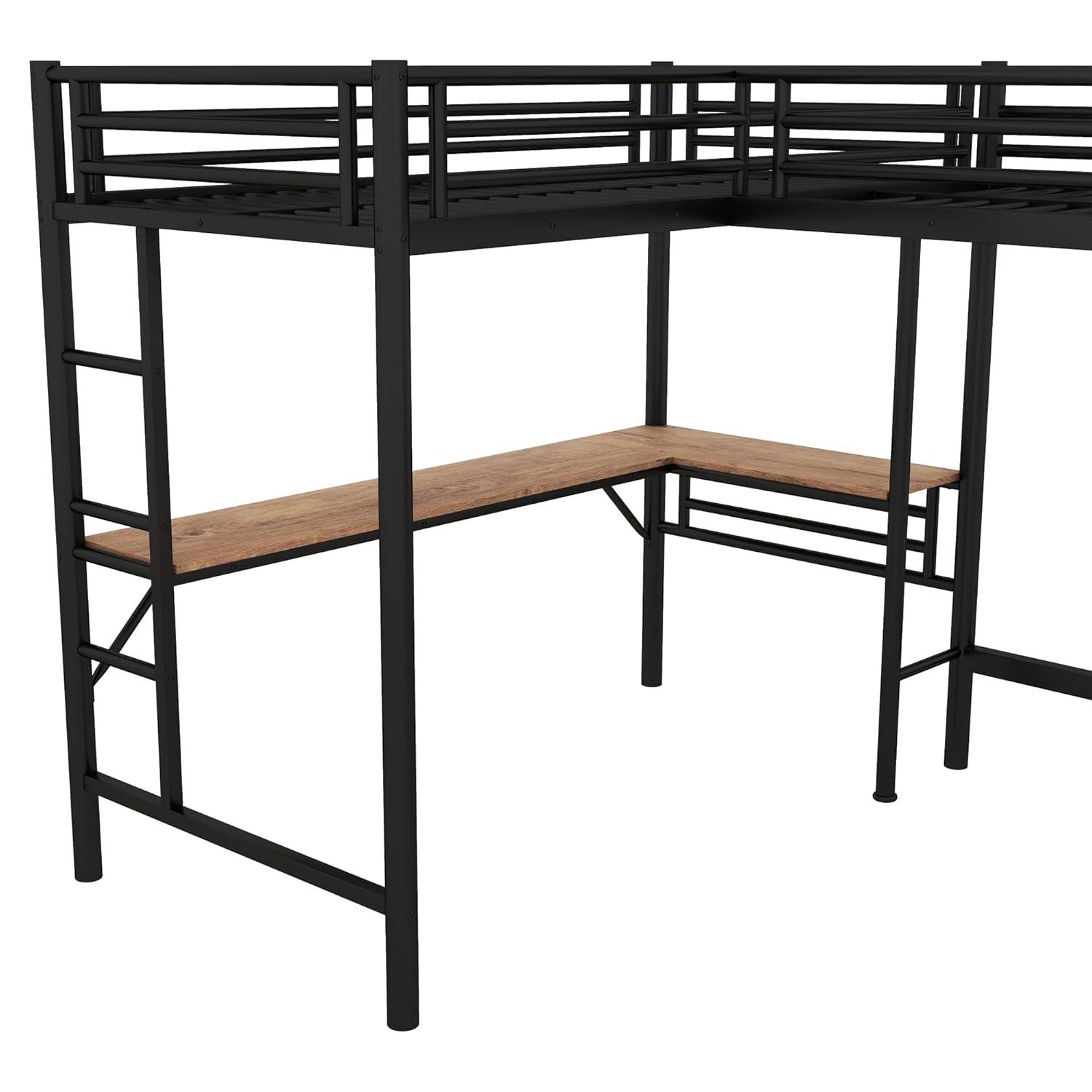 Mason & Marbles Double Twin Size Loft Beds, Metal L-Shaped Loft Bed Frame With Two Desk
