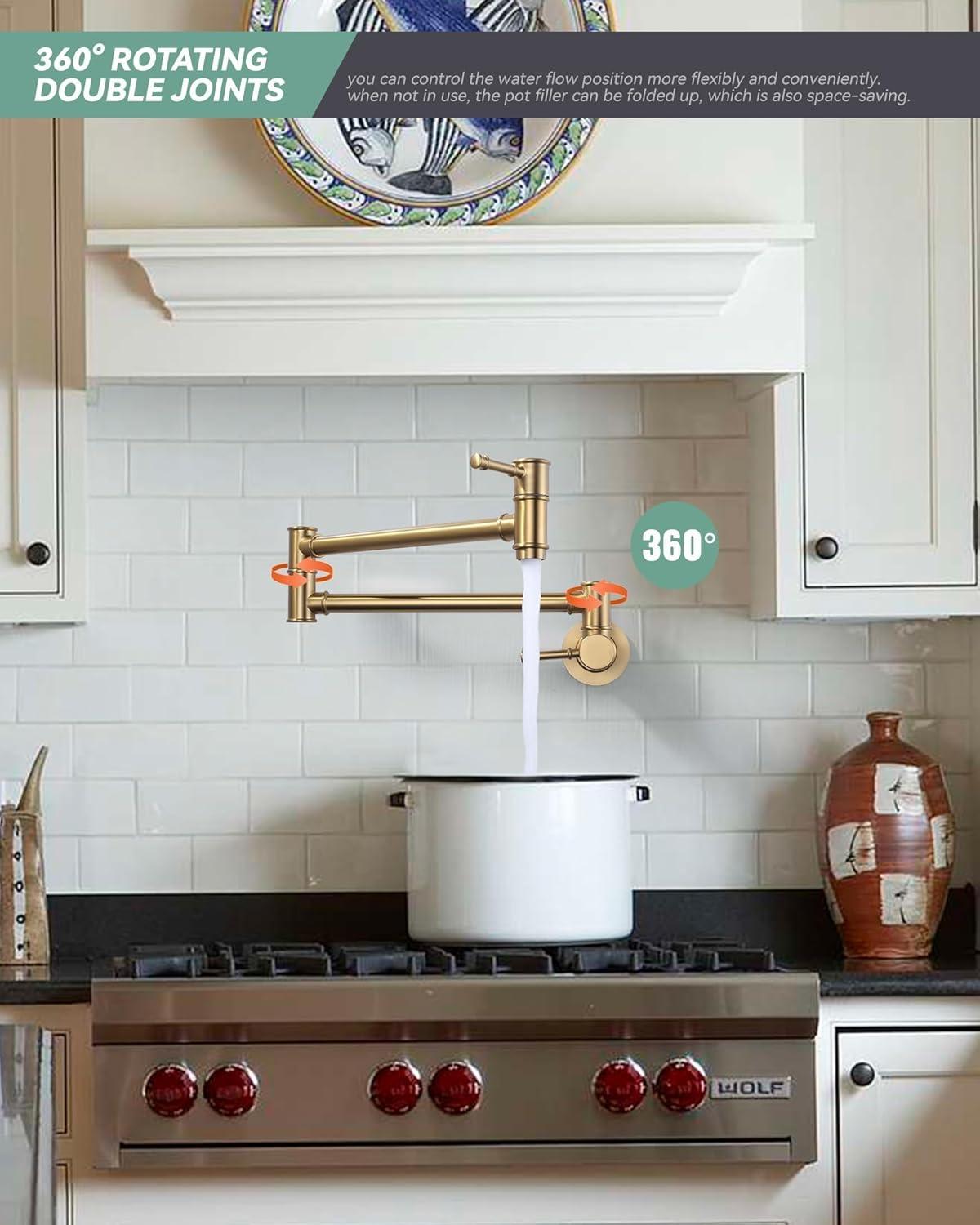 Brushed Gold Wall Mount Double Handle Pot Filler Faucet