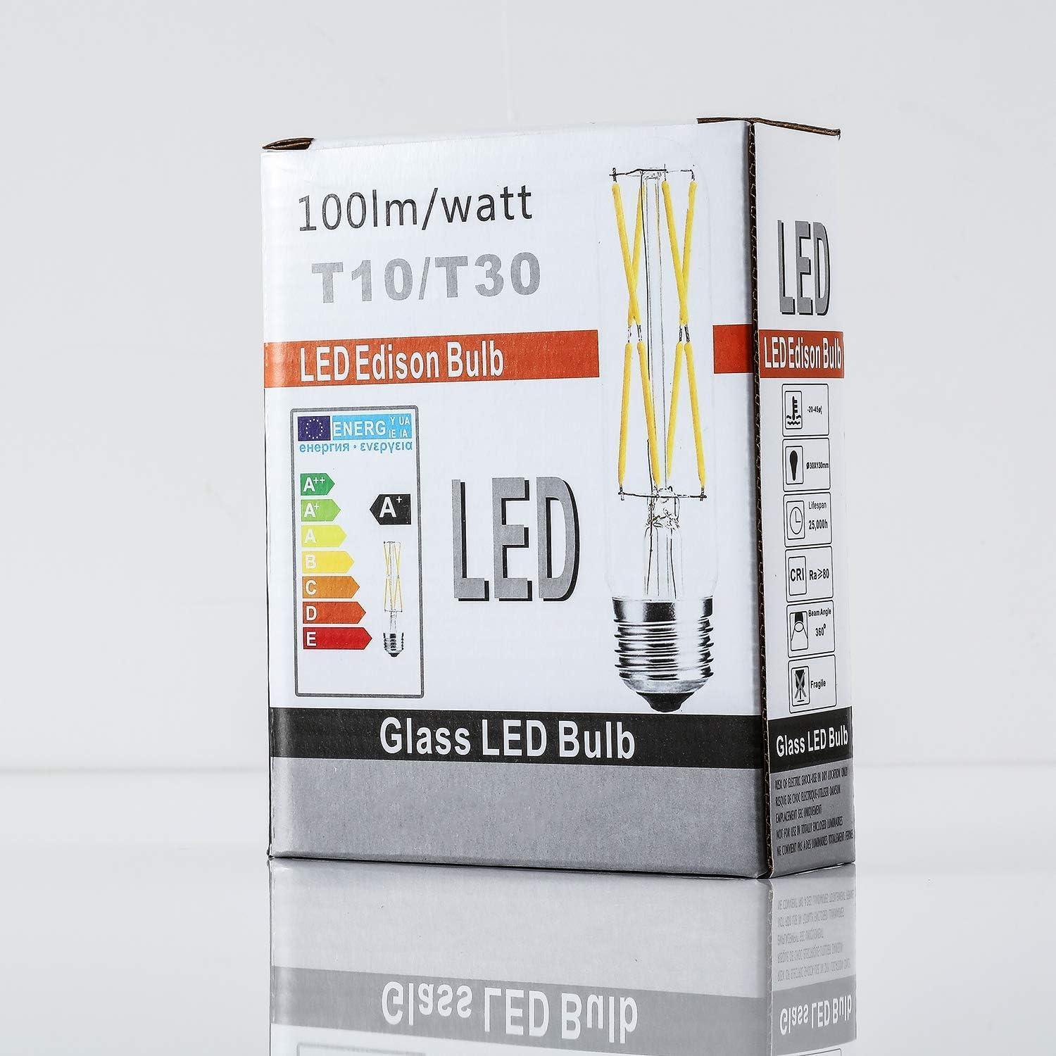 Dimmable Edison LED Tubular Bulb T10 - 4W - E26 Medium Base - 4000K Daylight - 3 Pack