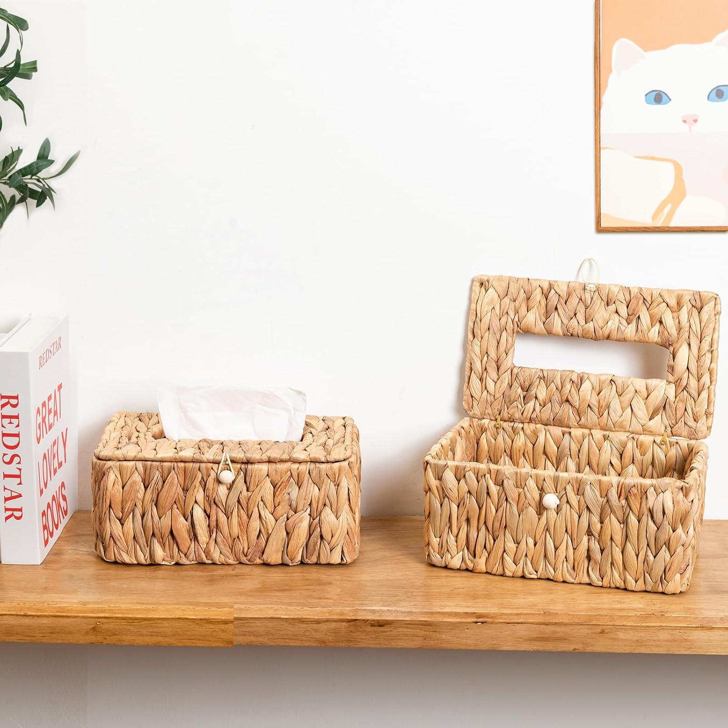 PINXIURY Water Hyacinth Handwoven Tissue Box Cover, Natural Handmade Wicker Napkin Box Holder, Handcrafted Square Facial Tissue, Rustic Decorative on Table and Bathroom, Office, Boho Decorative