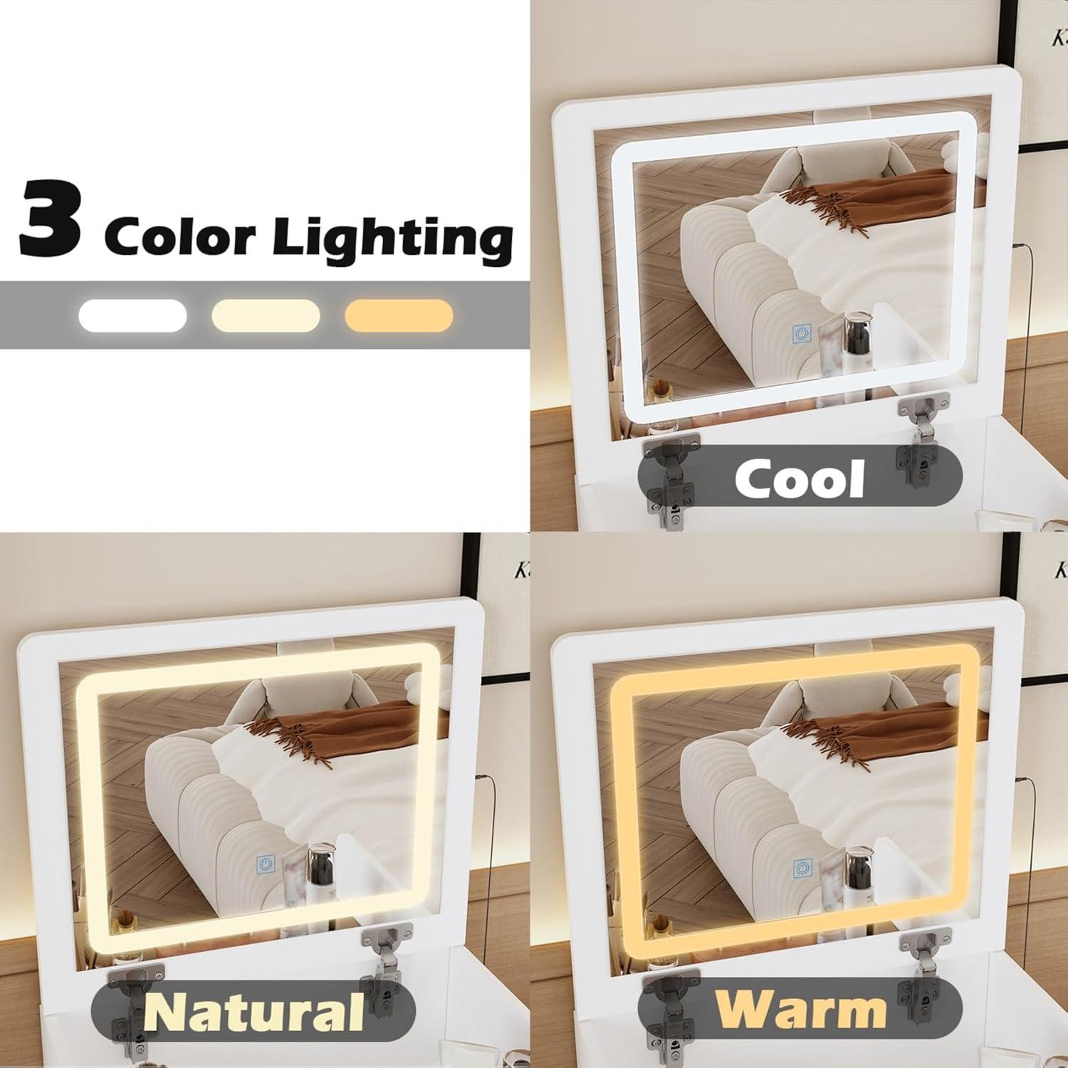 Joqixon Vanity Desk with Flip Top Mirror and Lights, Makeup Vanity Set with Glass Shelf, Space Saving Dressing Table with 3 Drawers & Cushion Stool for Bedroom, White