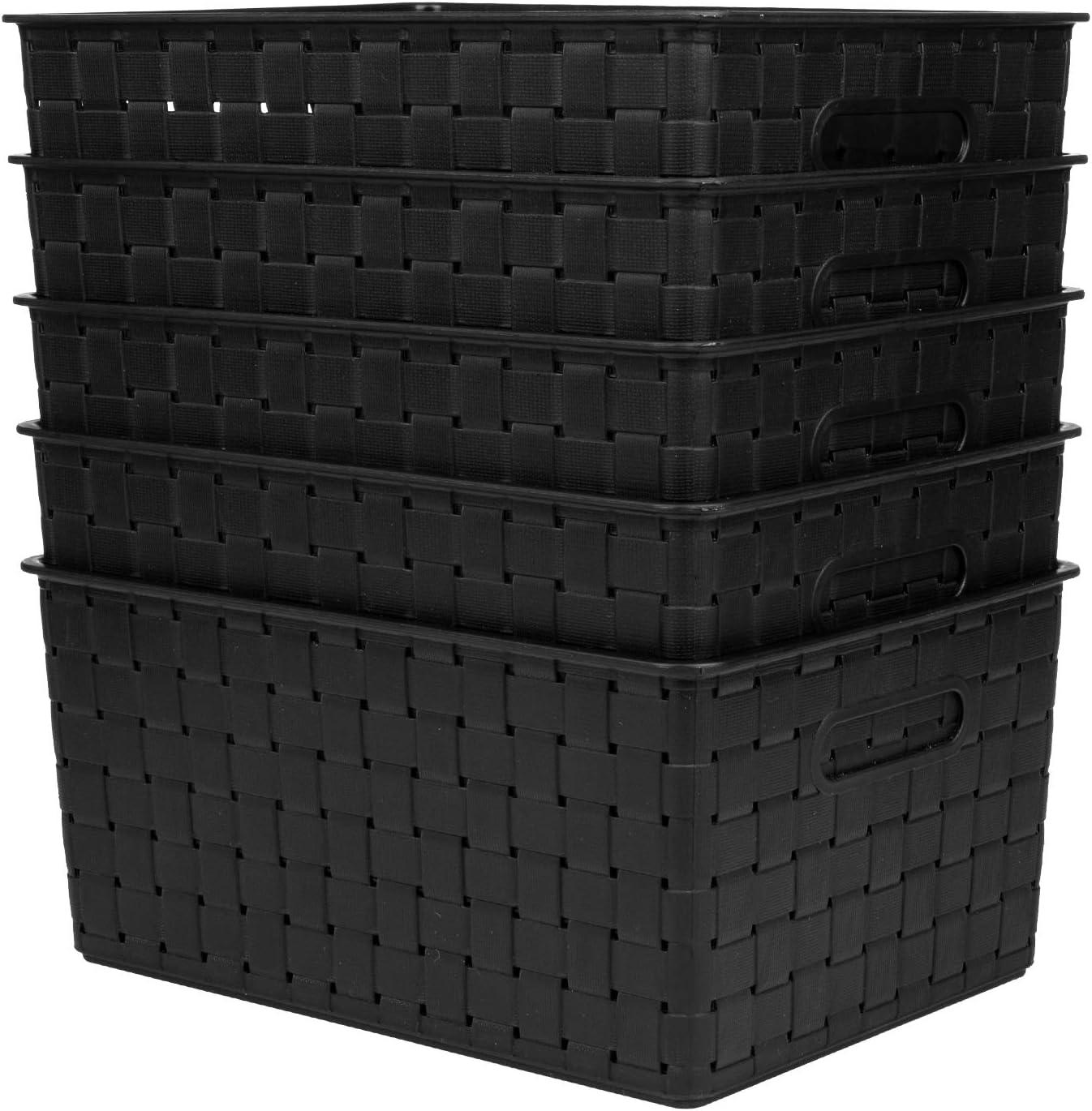 Black Woven Plastic Rectangular Storage Baskets, Set of 5