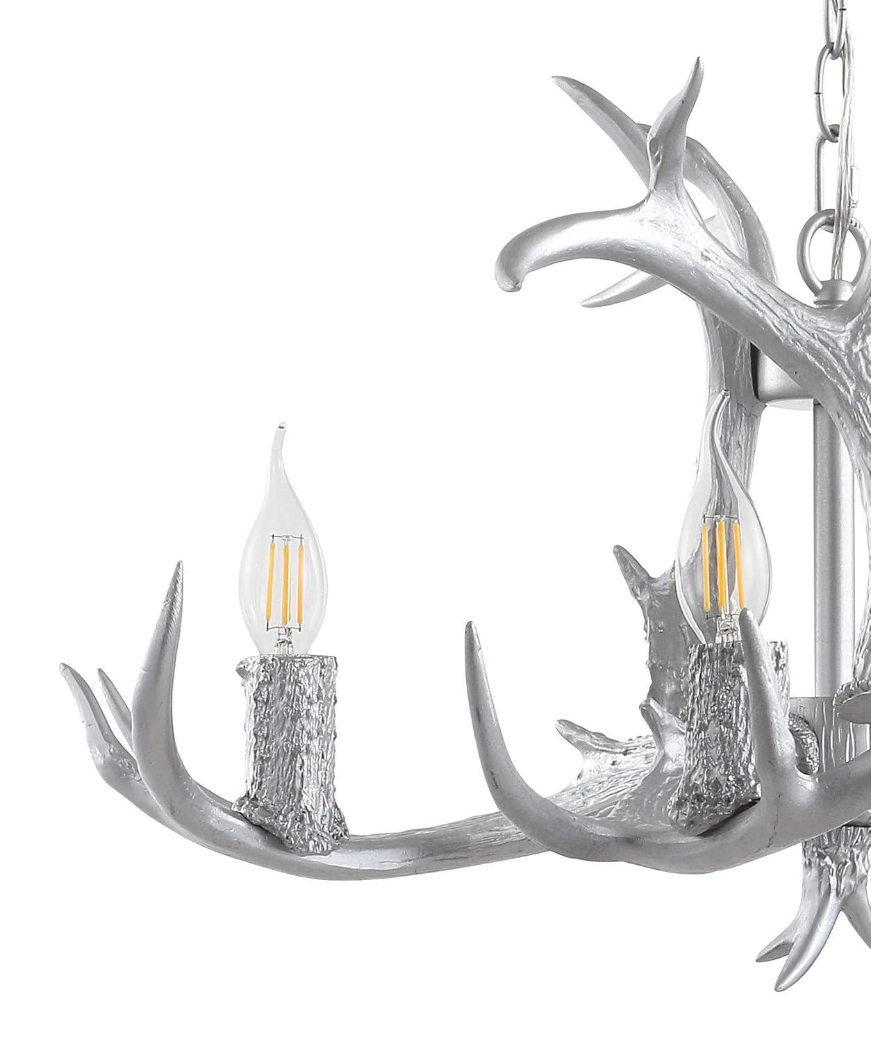 JONATHAN Y JYL6301C Eldora 26" Adjustable Resin Antler 4-Light LED Chandelier, Farmhouse, Glam, Transitional, Rustic, Cottage for living room, dinning room, bedroom, office Bulb Included, Silver