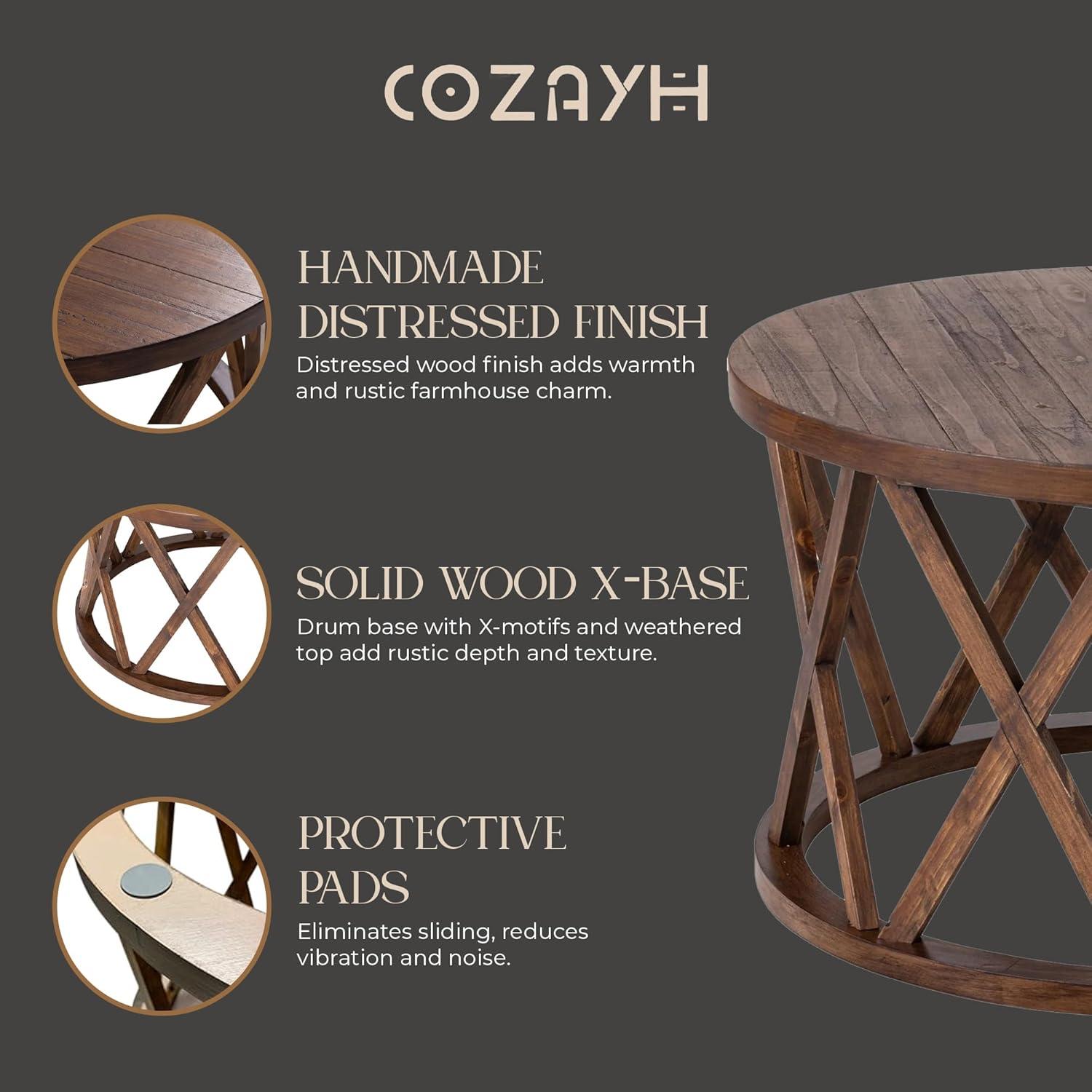 COZAYH Farmhouse Coffee Table, Rustic Round Coffee Table with X-Motifs Legs, Wood Textured Top, for Boho, French Country Decor, Brown