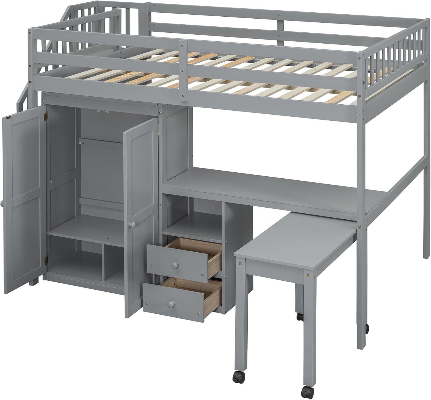 Harper & Bright Designs Full Size Loft Bed with Desk, Wood Full Loft Bed with Stairs, Bookshelf, Drawers & Wardrobe – Space-Saving Multifunctional Furniture, Gray