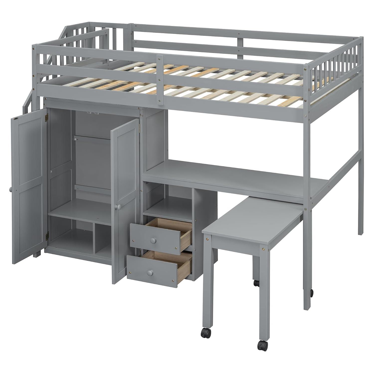 Harper & Bright Designs Full Size Loft Bed with Desk, Wood Full Loft Bed with Stairs, Bookshelf, Drawers & Wardrobe – Space-Saving Multifunctional Furniture, Gray