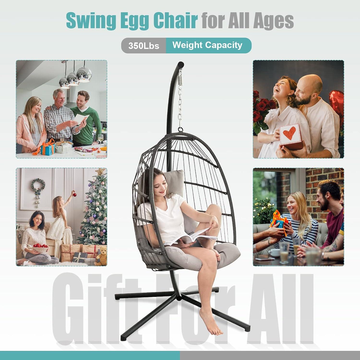 NICESOUL All Weather Swing Egg Chair Indoor Outdoor, Comfy Rattan Patio Basket Hanging Chair with Stand and Cushions, 350lbs Heavy Duty Sturdy Egg Hammock Chairs for Porch Balcony Deck Garden, Gray