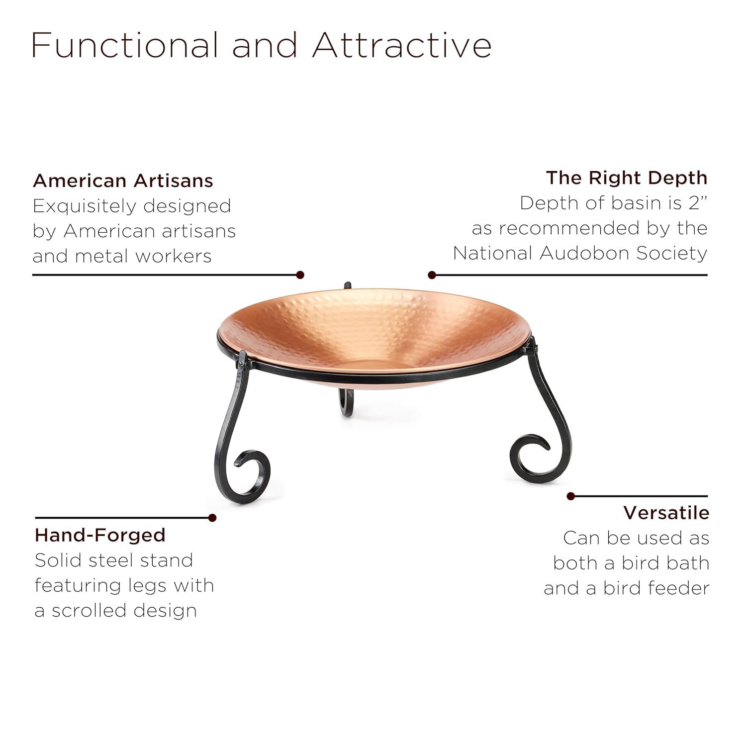Good Directions BB-1 Pure Copper Birdbath Bird Feeder Heavy Gauge, 13.5” Diameter, Hand-Forged Black Steel Stand