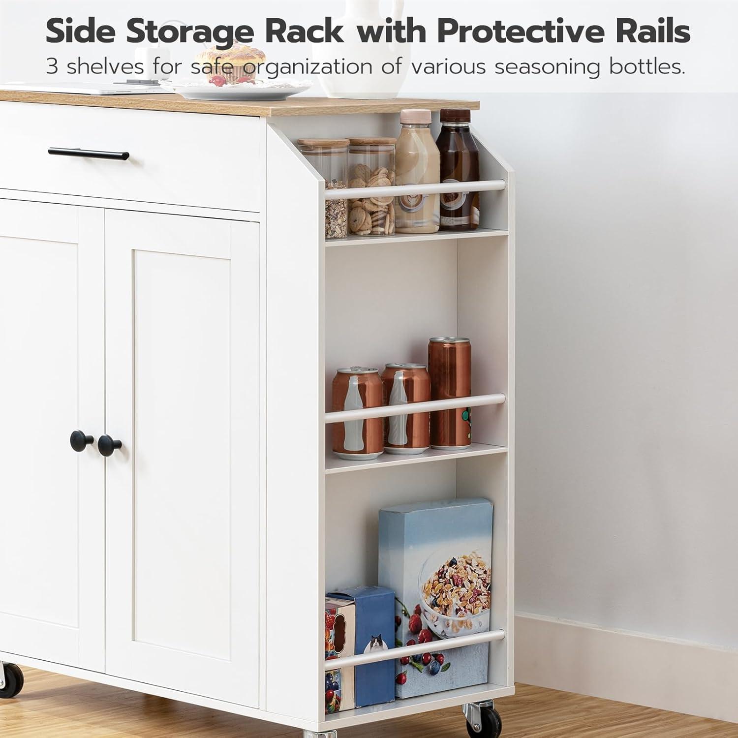 Kitchen Island Cart Kitchen Island on Wheels with Spice Rack, Towel Rack and 5 Drawers, Rolling Mobile Kitchen Island with Door Storage Cabinets, 4 Locking Wheels and Rubber Wood Top, White