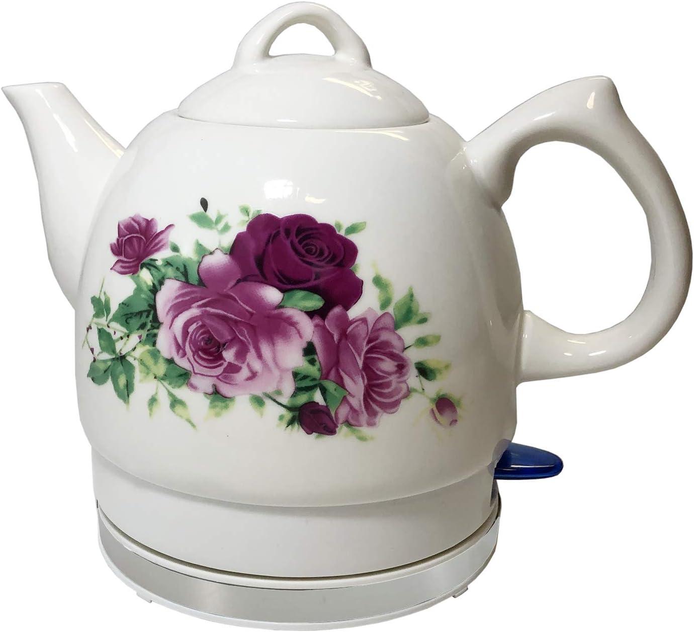 White Ceramic Electric Teapot with Floral Design