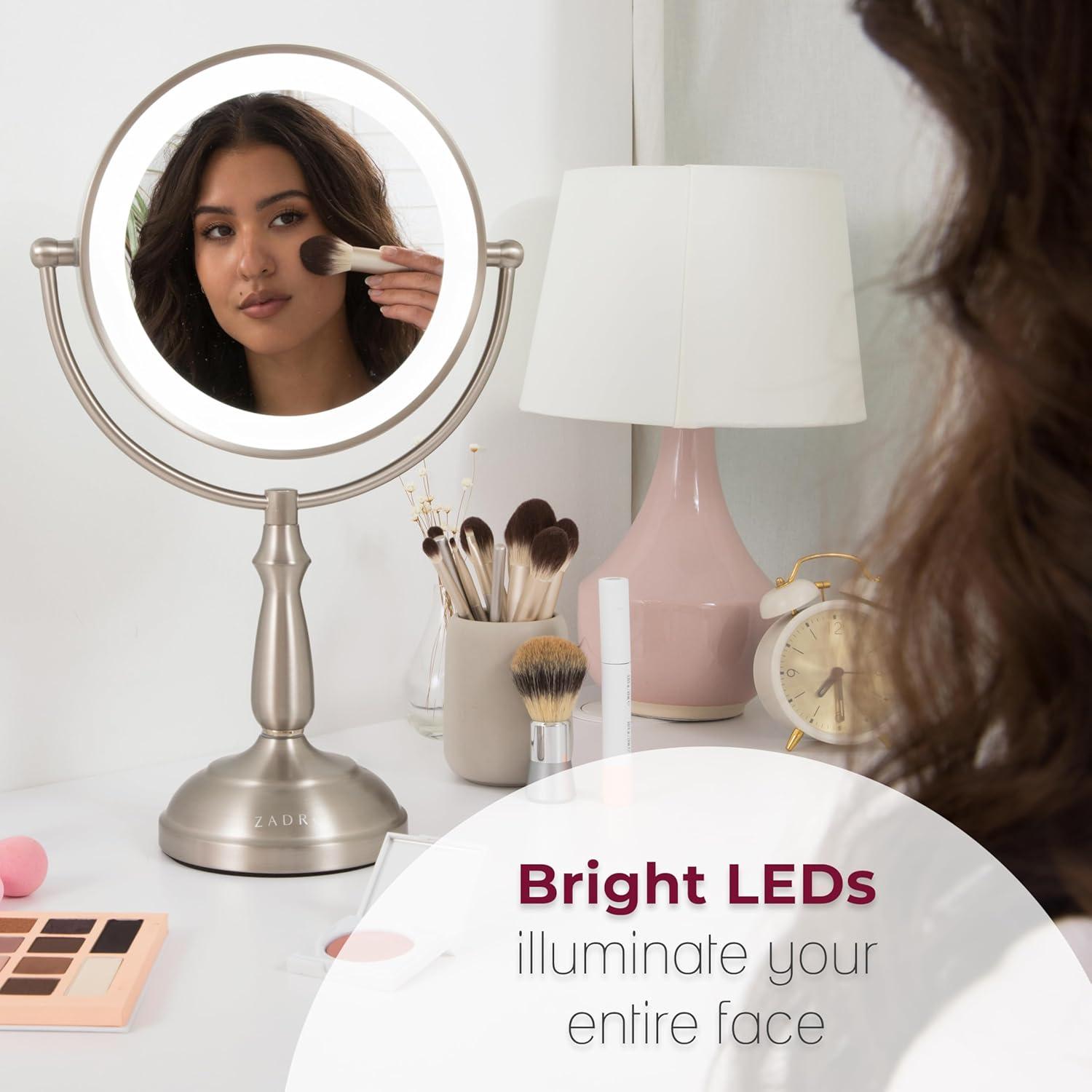 Satin Nickel Round LED Lighted Makeup Mirror with 5X/1X Magnification