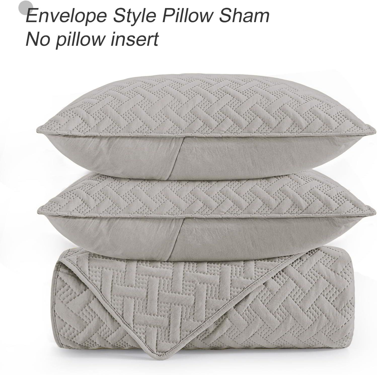 Exclusivo Mezcla Queen Quilt Bedding Set, Lightweight Soft Light Grey Queen Bedspreads Coverlets with Geometric Stitched Pattern