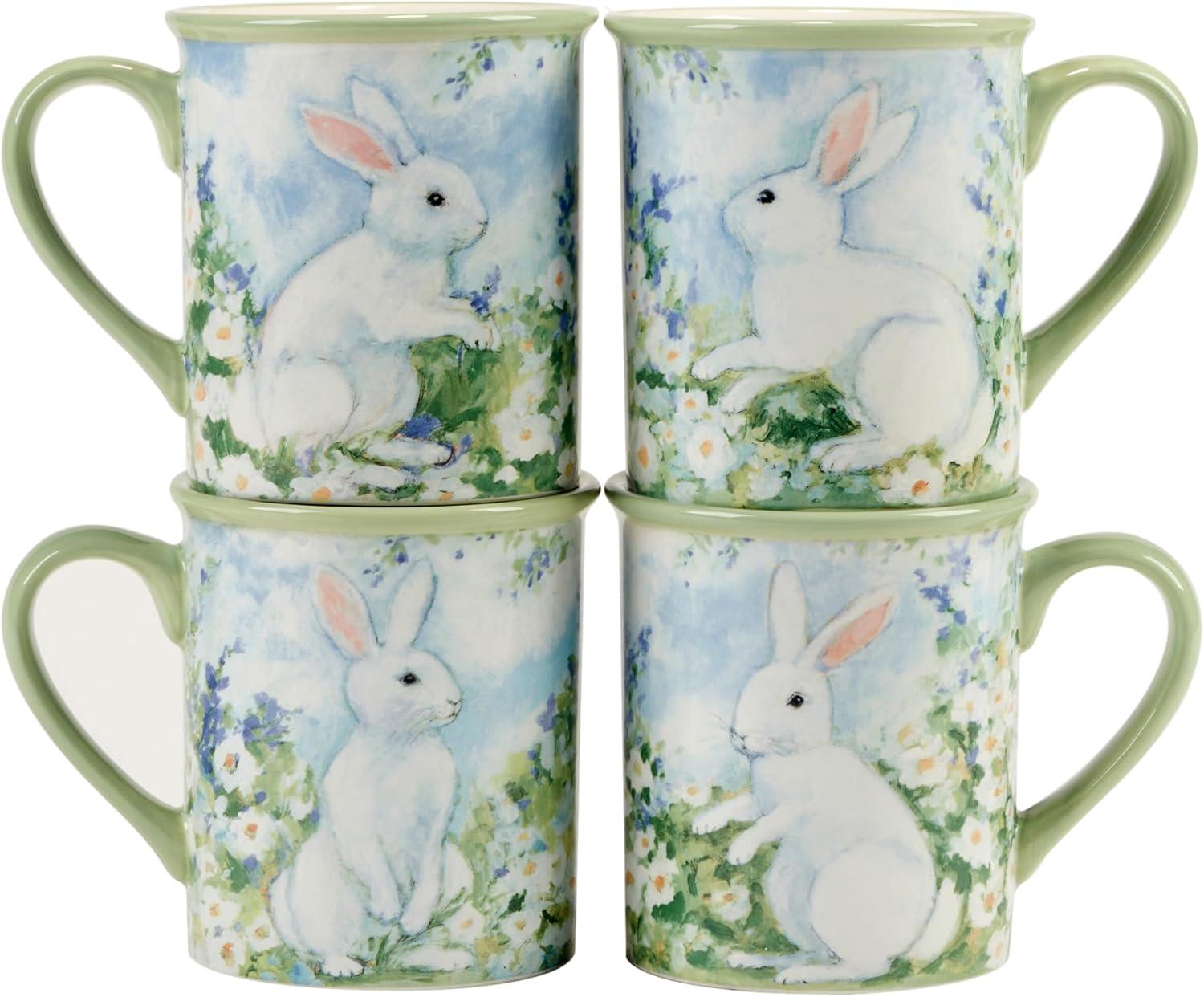 Springtime Bunny Blue Ceramic 18 oz Mugs, Set of 4