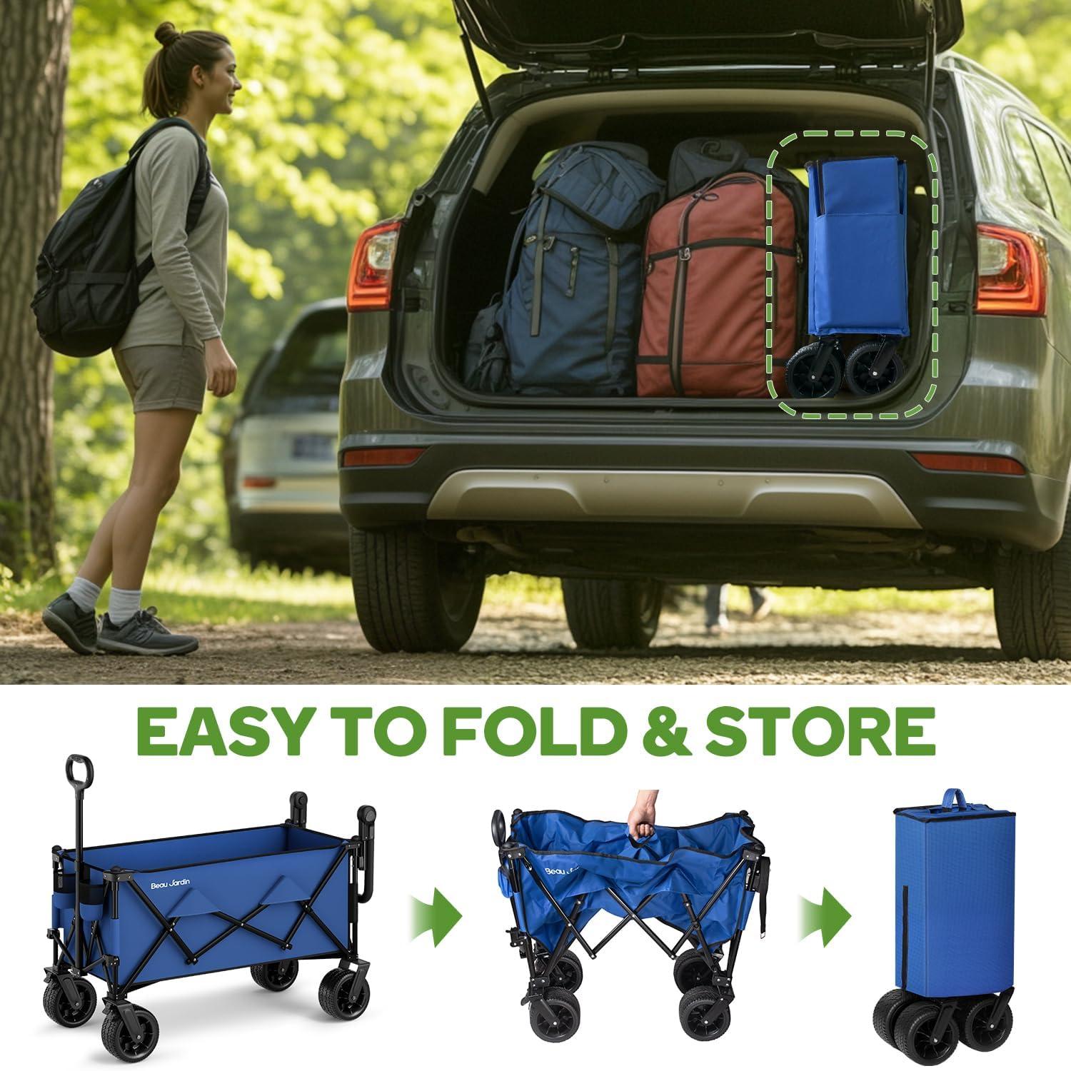 BEAU JARDIN Collapsible Folding Wagon 300 Pound Capacity Heavy Duty Foldable Beach Wagon Cart Grocery Utility Wagon for Garden Sports Shopping Outdoor All Terrain Wheel Portable Black