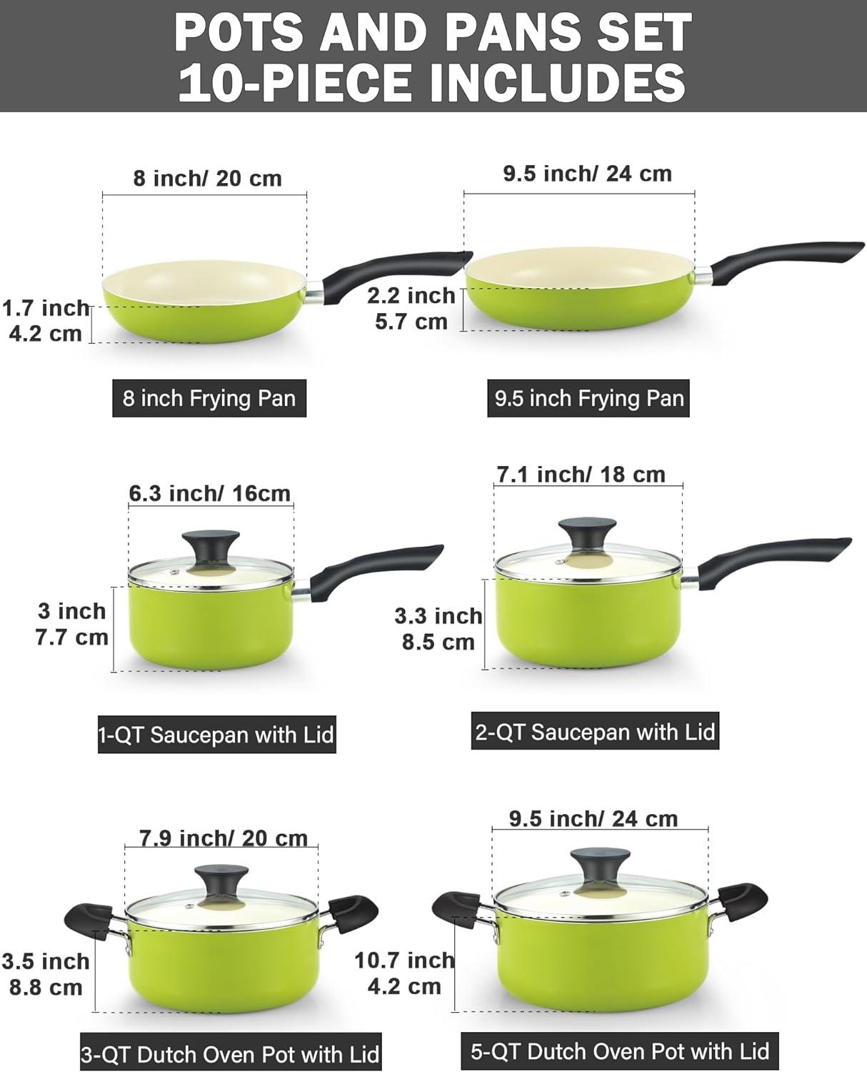 Green Nonstick Aluminum 10-Piece Cookware Set with Glass Lids