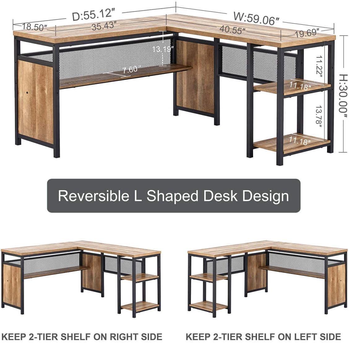 Rustic Oak and Black L-Shaped Corner Computer Desk with Shelves