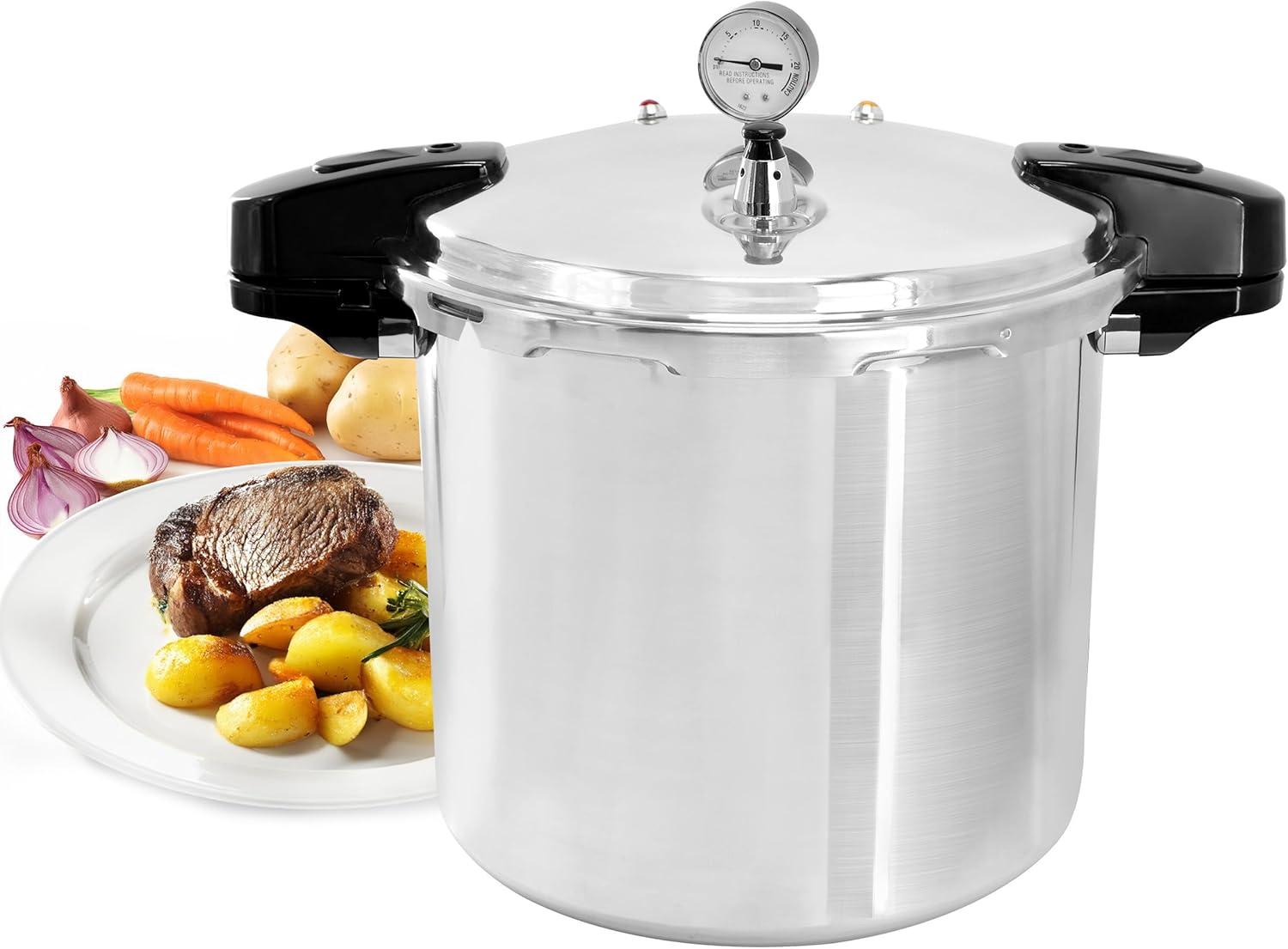 MegaChef 24qt Large Aluminum Stovetop Pressure Cooker/Canner for Induction and Gas Stove-Tops Silver
