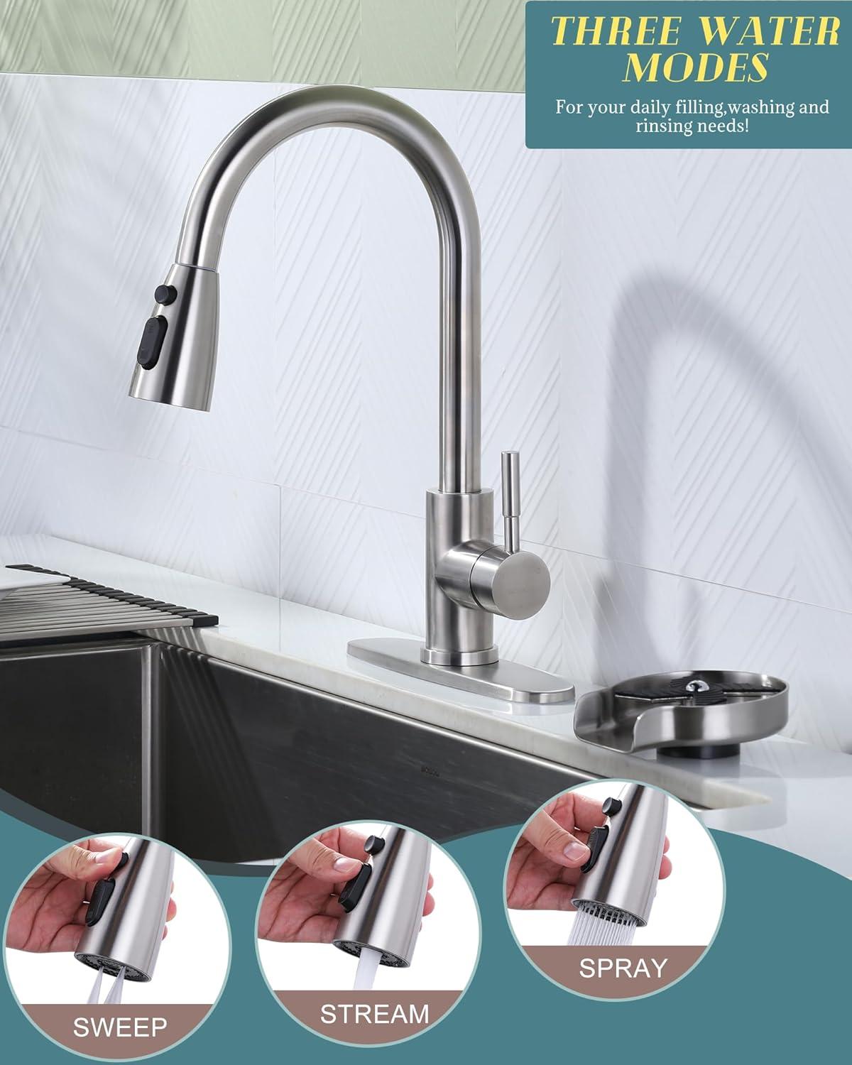 WOWOW Kitchen Faucet with Sprayer, Kitchen Sink Faucet, SUS 304 Stainless Steel, High Arc Single Handle Brushed Nickel Kitchen Faucets with Pull Down Sprayer, Pull Out Kitchen Faucet with Deck Plate