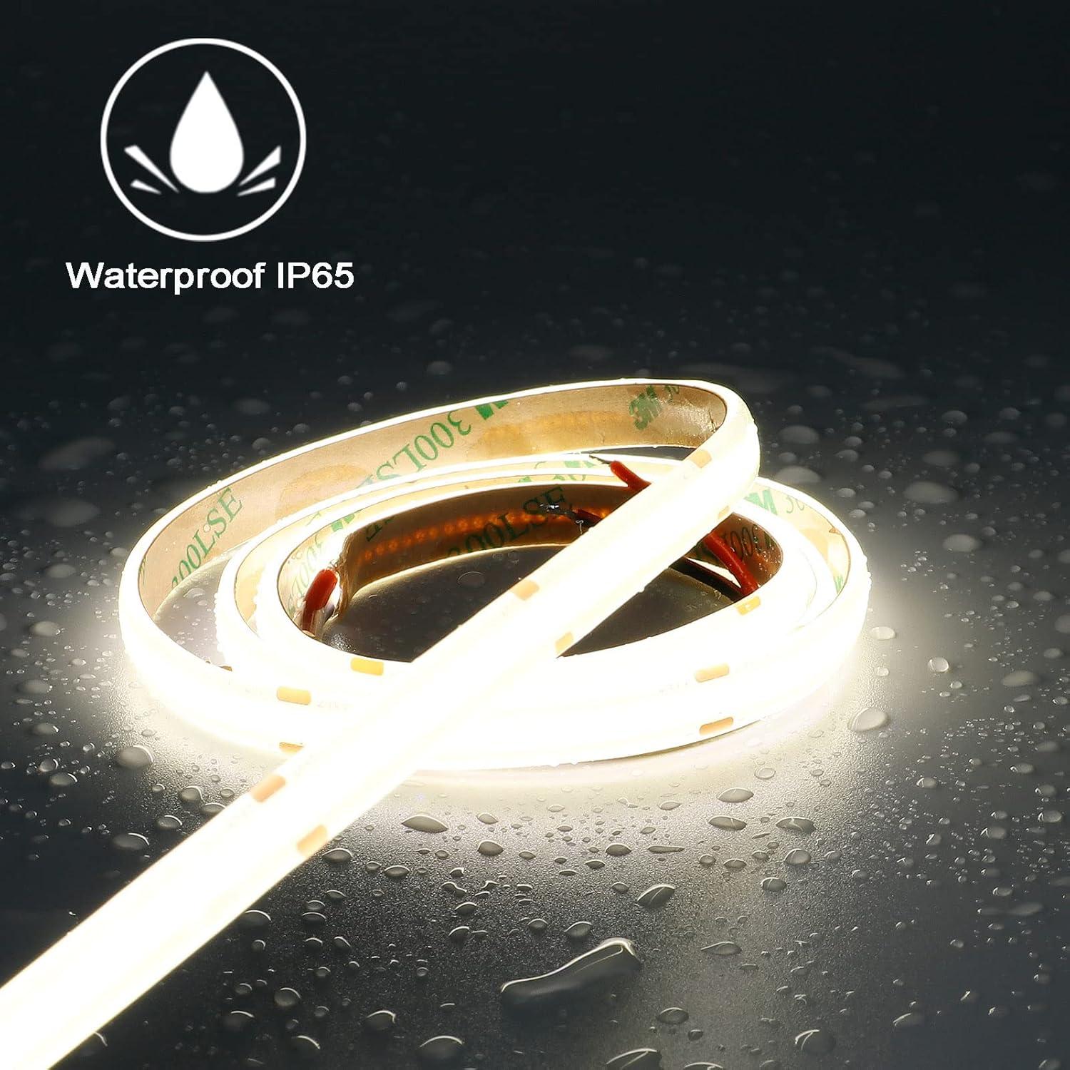 12V COB LED Strip Light Daylight White 5000K Waterproof IP65 480LEDs/M Super Bright 4000Lm CRI>90 16.4ft/5M Dotless High Density Cuttable Flexible for Cabinet Home DIY Lighting Projects