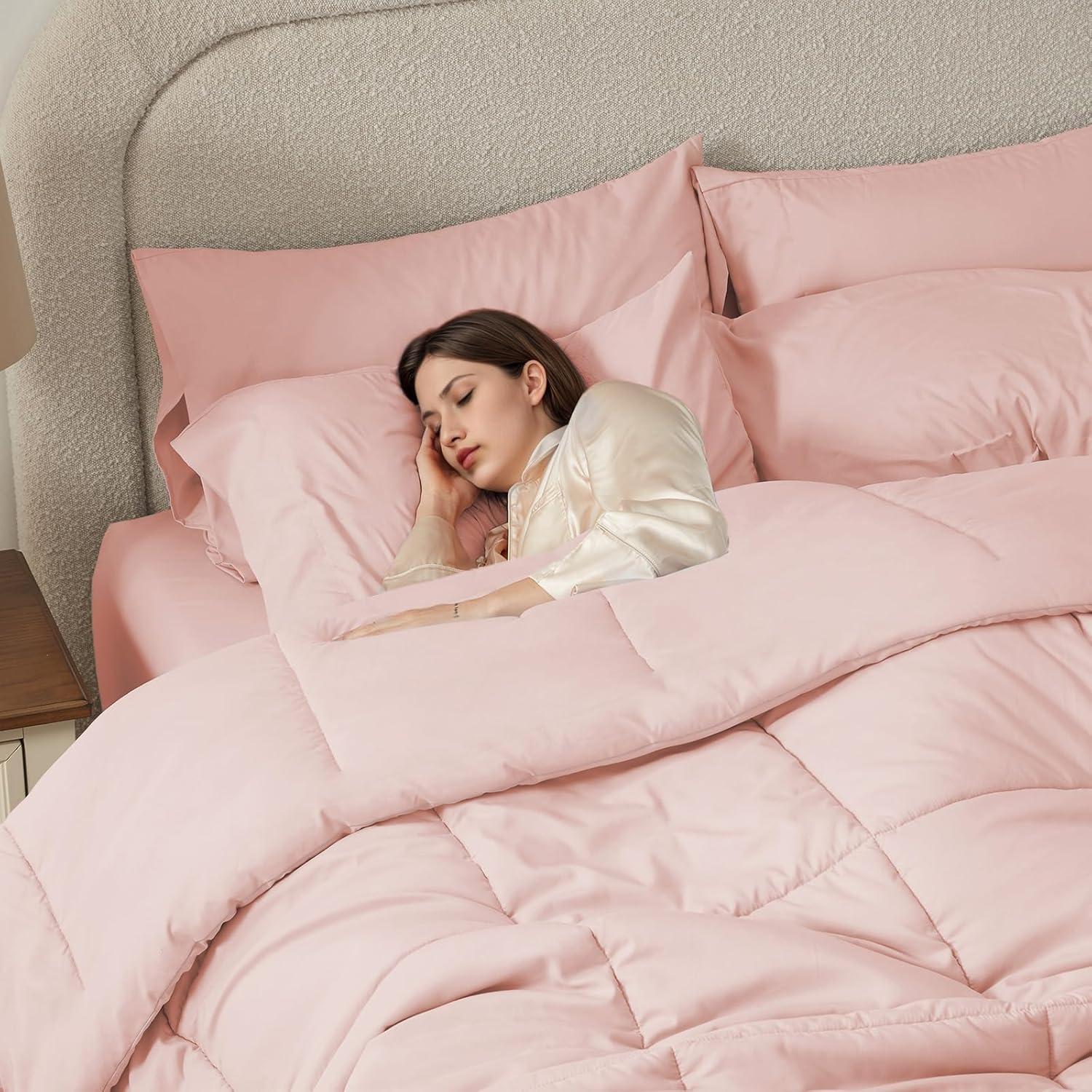 Anluoer Queen Comforter Set 7 Piece, Pink Bed in a Bag with Comforters, Pillow Shams, Pillowcases, Flat Sheet, Fitted Sheet