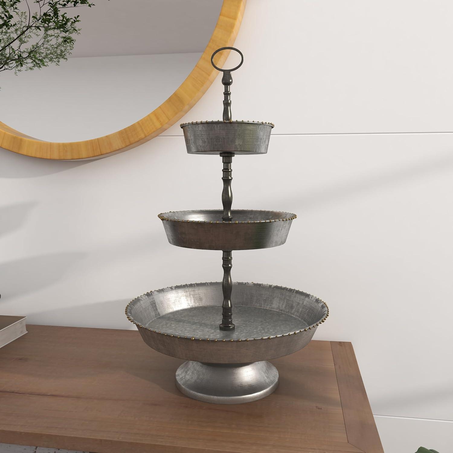 Gray Metal and Wood 3-Tier Round Server with Beaded Perimeter