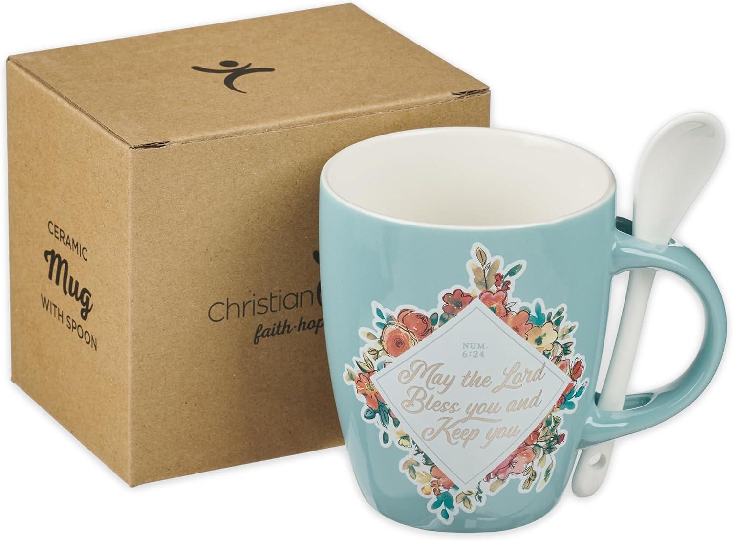 Christian Art Gifts Scripture Coffee and Tea Mug with Ceramic Spoon Set for Women: May the Lord Bless You - Numbers 6:24 Inspirational Bible Verse Hot & Cold Beverages, Light Teal/White Floral, 12 oz.