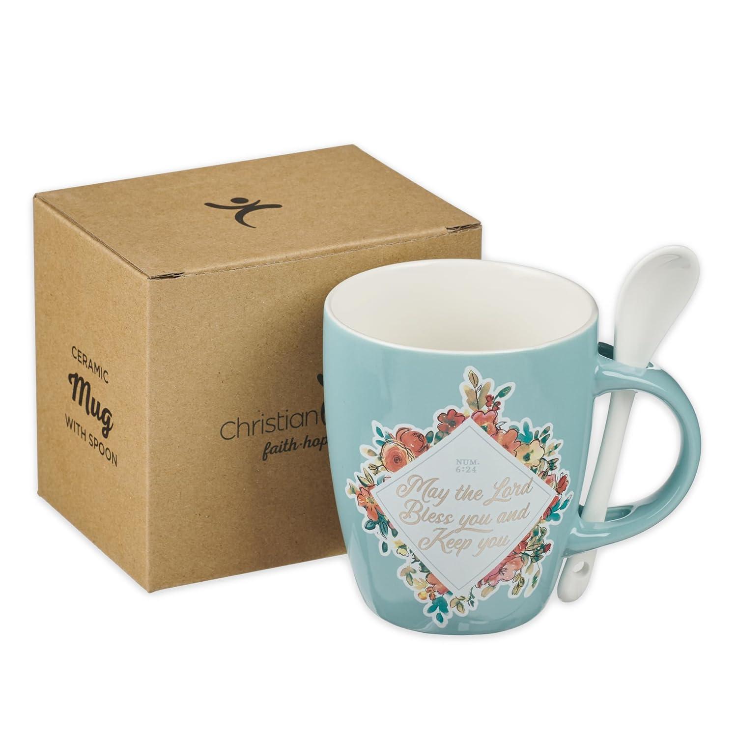Christian Art Gifts Scripture Coffee and Tea Mug with Ceramic Spoon Set for Women: May the Lord Bless You - Numbers 6:24 Inspirational Bible Verse Hot & Cold Beverages, Light Teal/White Floral, 12 oz.