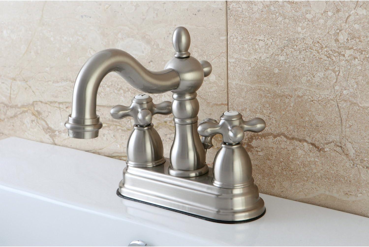 Kingston Brass Heritage Two-Handle 3-Hole Deck Mount 4" Centerset Bathroom Faucet with Plastic Pop-Up