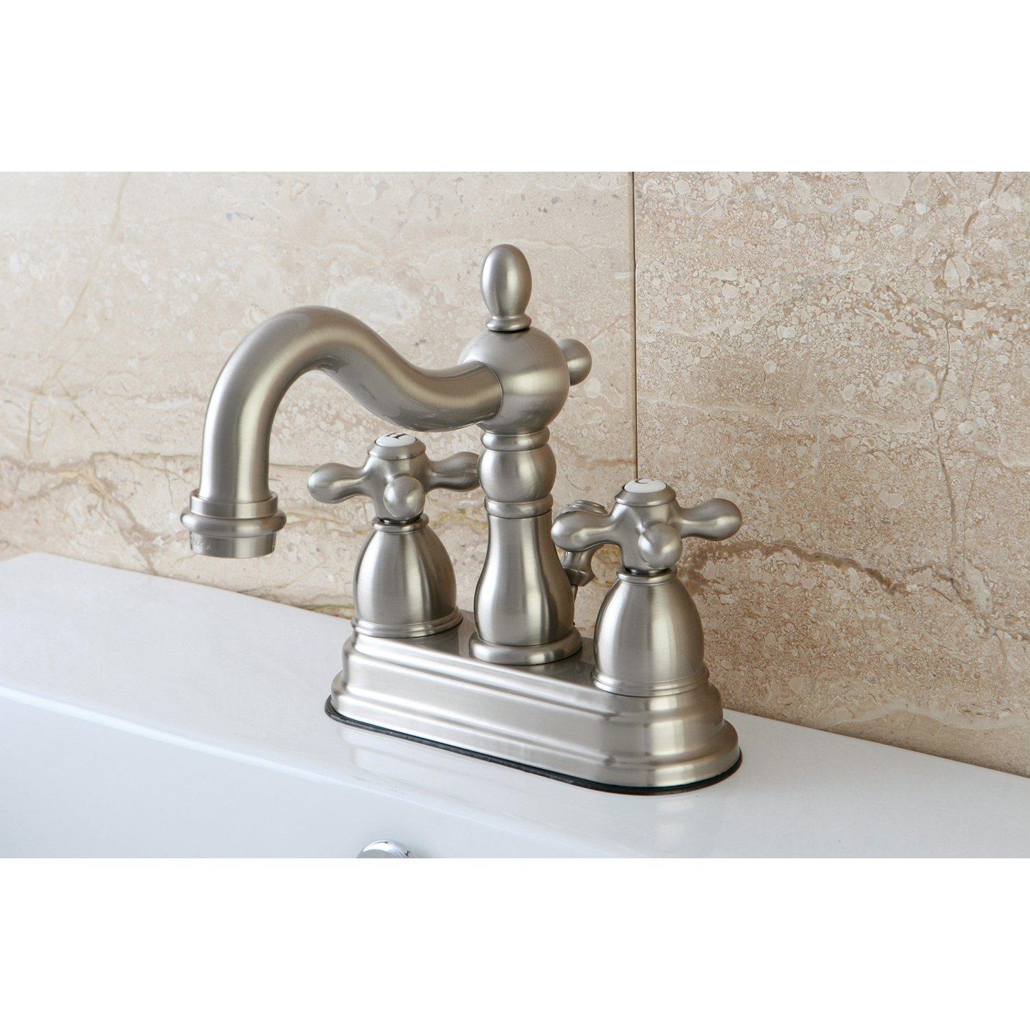 Kingston Brass Heritage Two-Handle 3-Hole Deck Mount 4" Centerset Bathroom Faucet with Plastic Pop-Up