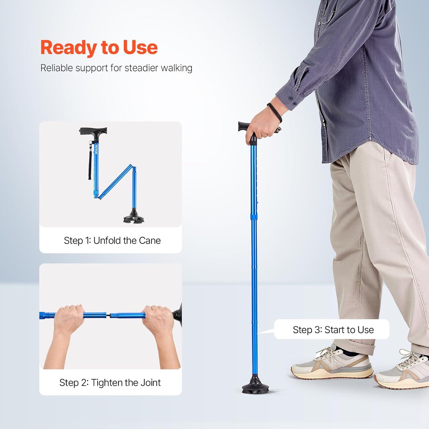 VEVOR Walking Cane for Man Woman, Folding Walking Stick with 8-Level Adjustable Height, 4-Pronged Pivoting Base, Lightweight & Portable Aluminum Mobility Aid for Seniors Adults, 250LBS Loading(Black)