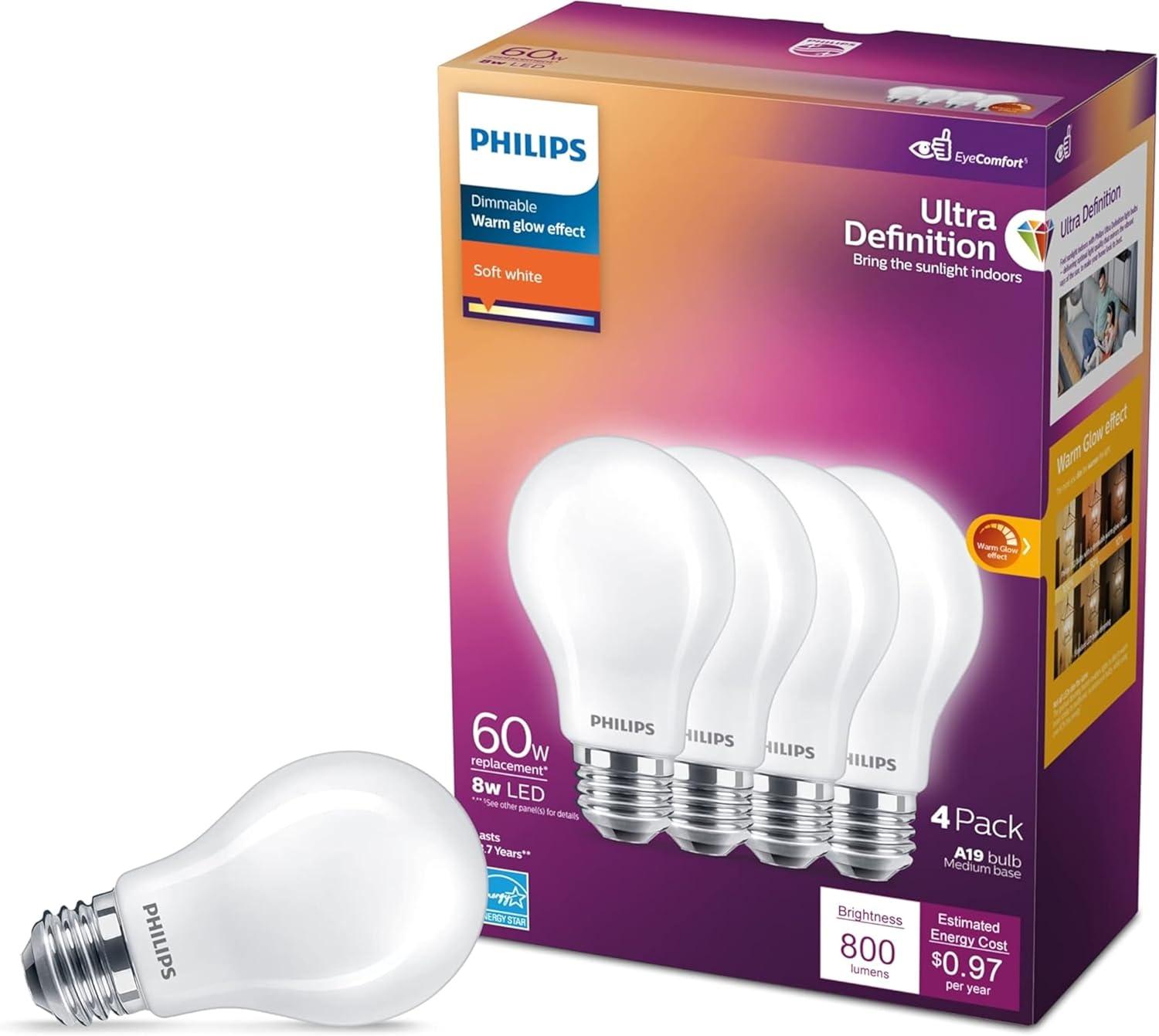 Philips UltraDef LED 60W Frosted Soft White A19 4P: Dimmable, Energy Star Certified, 800 Lumens, 13.7-Year Life