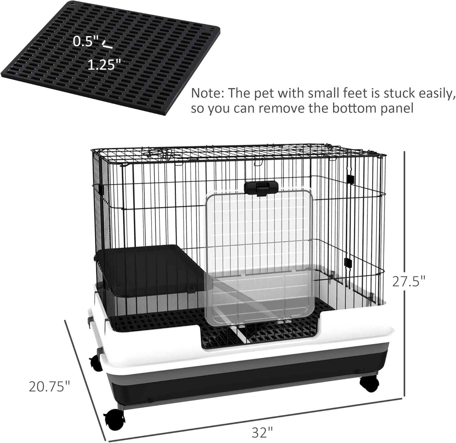 PawHut 2-Level Small Animal Cage Rabbit Hutch with Wheels, Removable Tray, Platform and Ramp for Bunny, Chinchillas, Ferret, Black