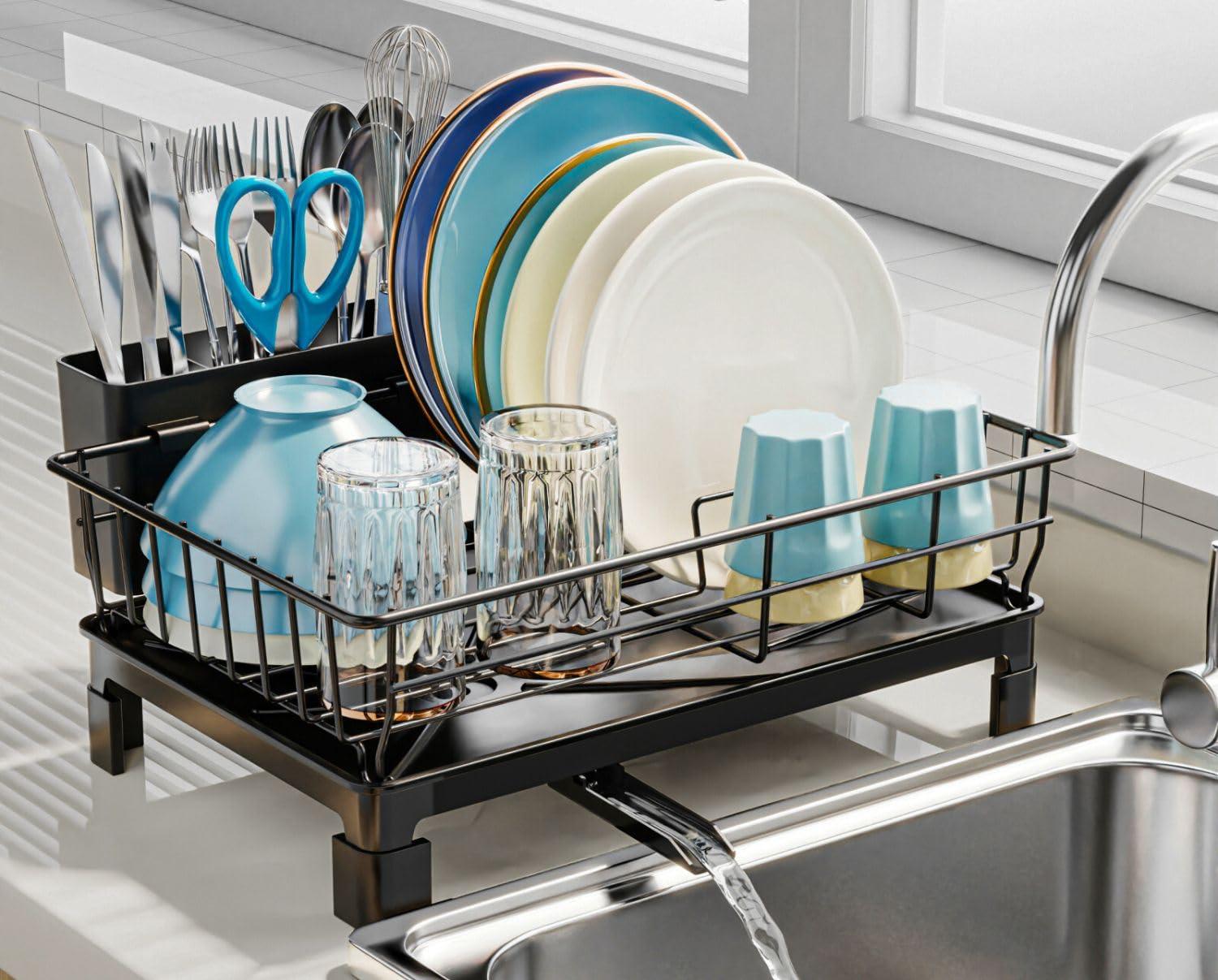 iSPECLE Dish Drying Rack with Drainboard - Dish Racks for Kitchen Counter, Rust-Resistant Compact Dish Drainer with Utensil Holder, Drain Spout and High Feet on Drip Tray, Black