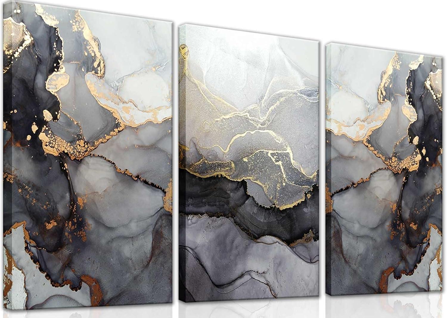 3Pcs Abstract Marble Wall Art Black and Gold Bathroom Decor Nordic Watercolor Gray White Fluid Ink Lines Canvas Picture Contemporary Painting Artwork for Living Room Bedroom Office Home Decor