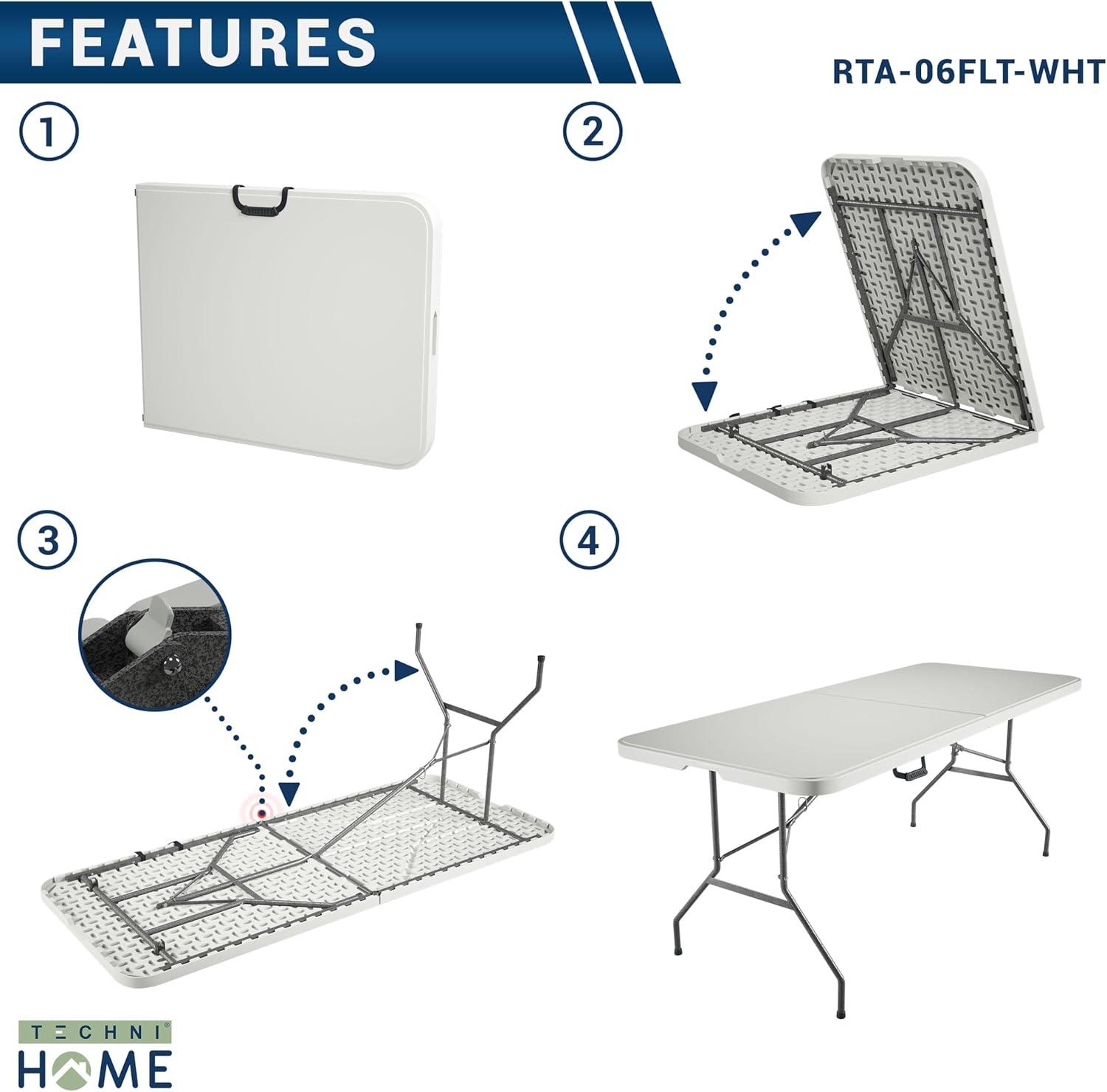 Techni Home 6' Folding Table with Easy-Carry Handle Granite White