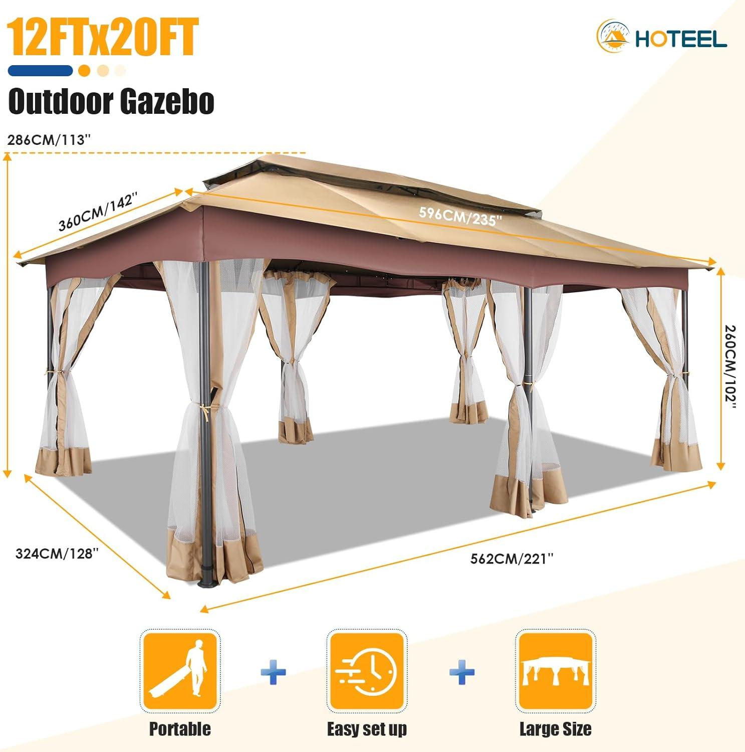 Khaki 12x20 Outdoor Gazebo with Curtains and Netting