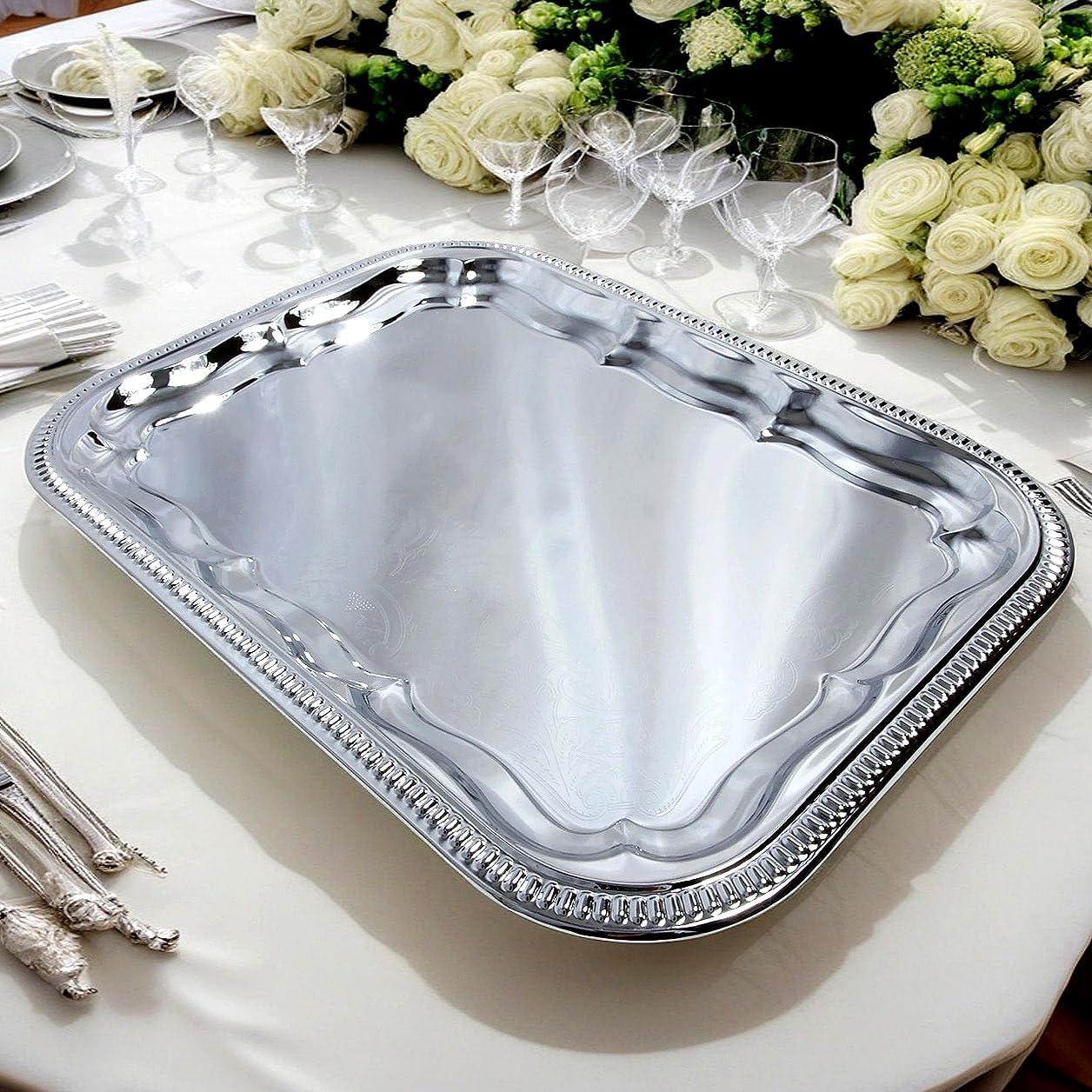 (Pack of 4 16.1-Inch x 12.2-Inch Oblong Rectangular Trim Victoria Floral Engraved Catering Chrome Plated Serving Plate Mirror Food Candle Deco Art Tray Platter Party(Medium) T227-4pk