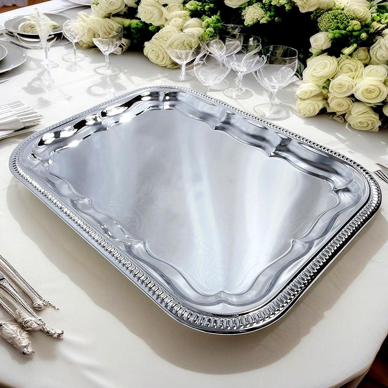 (Pack of 4 16.1-Inch x 12.2-Inch Oblong Rectangular Trim Victoria Floral Engraved Catering Chrome Plated Serving Plate Mirror Food Candle Deco Art Tray Platter Party(Medium) T227-4pk