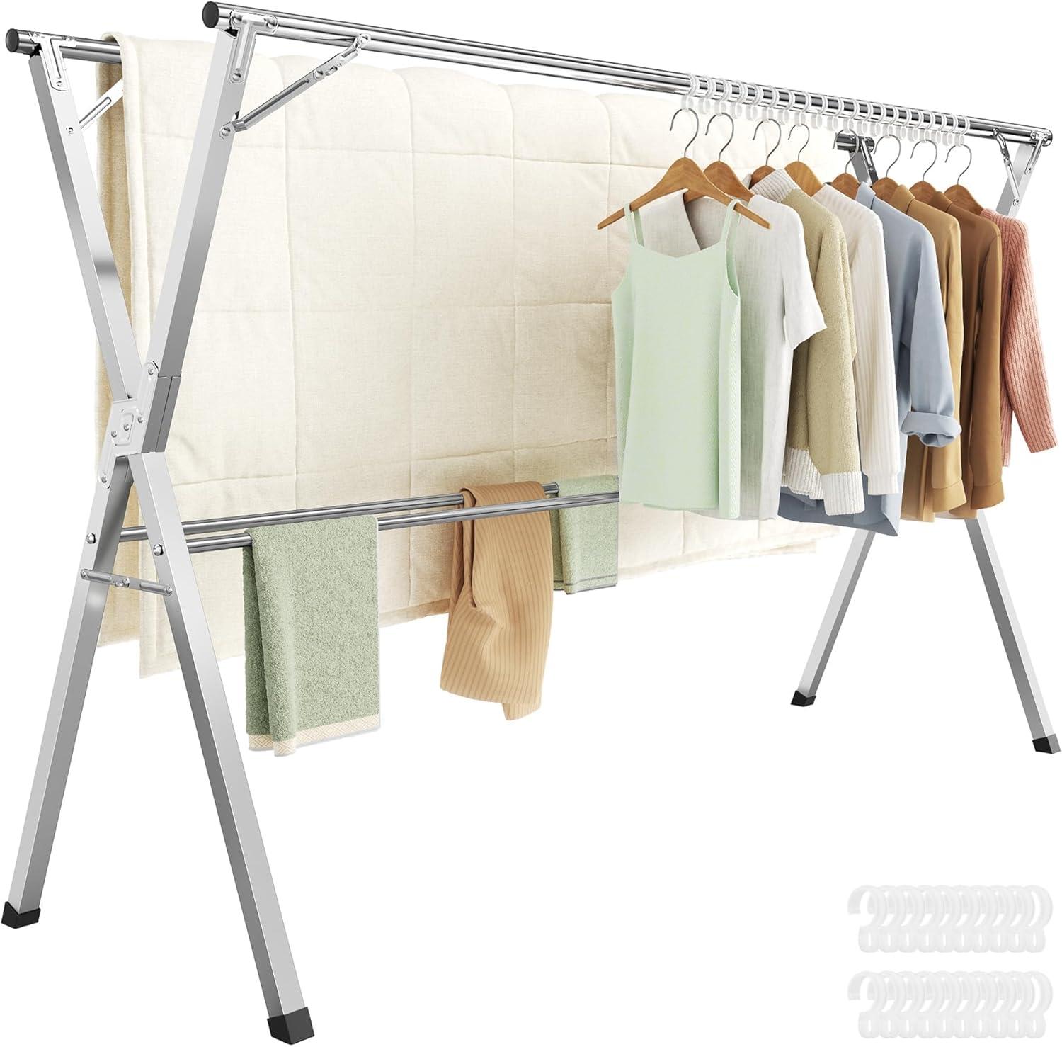 Clothes Drying Rack, Heavy-Duty Laundry Drying Rack, 52.4-78.7 Inches Extendable, Foldable Freestanding Airer, Stainless Steel, for Indoor Outdoor Use, Dove Gray ULLR902E01