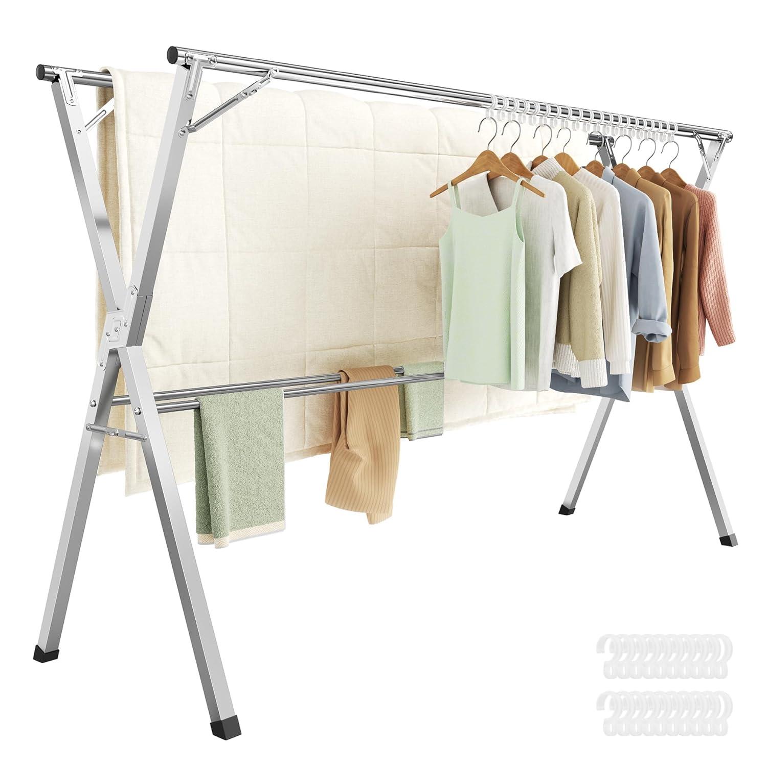 Clothes Drying Rack, Heavy-Duty Laundry Drying Rack, 52.4-78.7 Inches Extendable, Foldable Freestanding Airer, Stainless Steel, for Indoor Outdoor Use, Dove Gray ULLR902E01