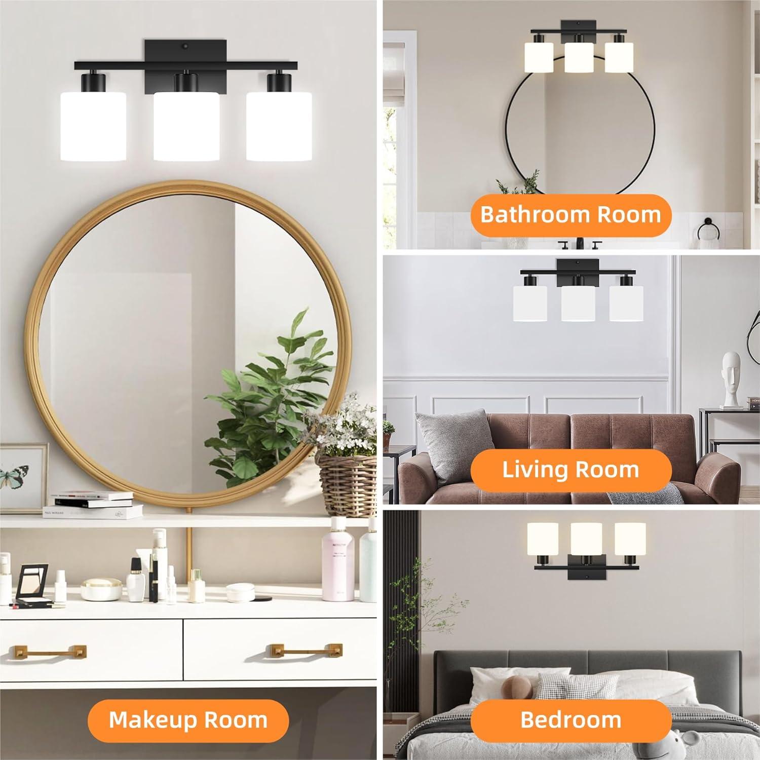 Black Modern 3-Light Bathroom Vanity Fixture with Milky White Glass Shades