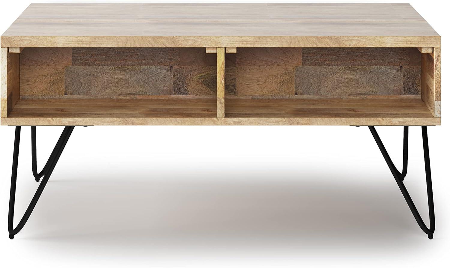 Hunter Solid Wood Industrial Small Lift Top Coffee Table with Hidden Storage and Metal Hairpin Legs.