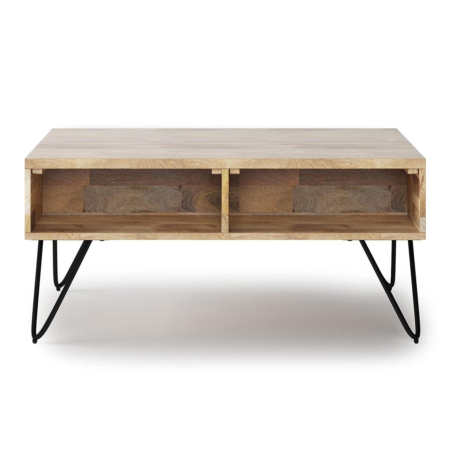 Hunter Solid Wood Industrial Small Lift Top Coffee Table with Hidden Storage and Metal Hairpin Legs.