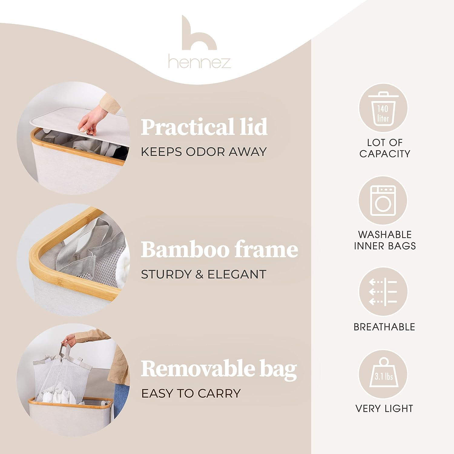 Hennez® Double Laundry Hamper with Lid, 2x Removable Bags, Thic Fabric, Bamboo Hamper 140Liter - 36gal - Light Gray