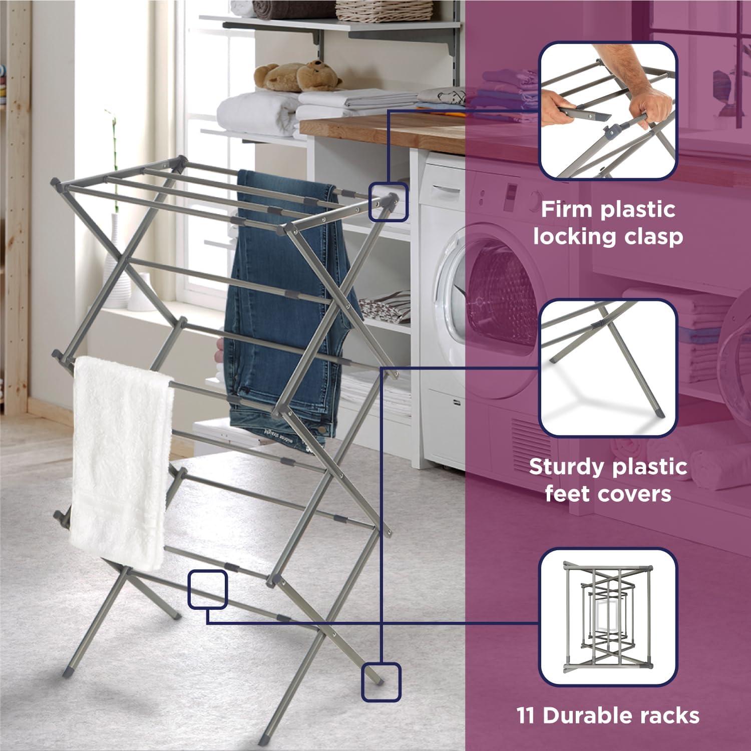 Silver Expandable Collapsible 3-Tier Metal Laundry Drying Rack