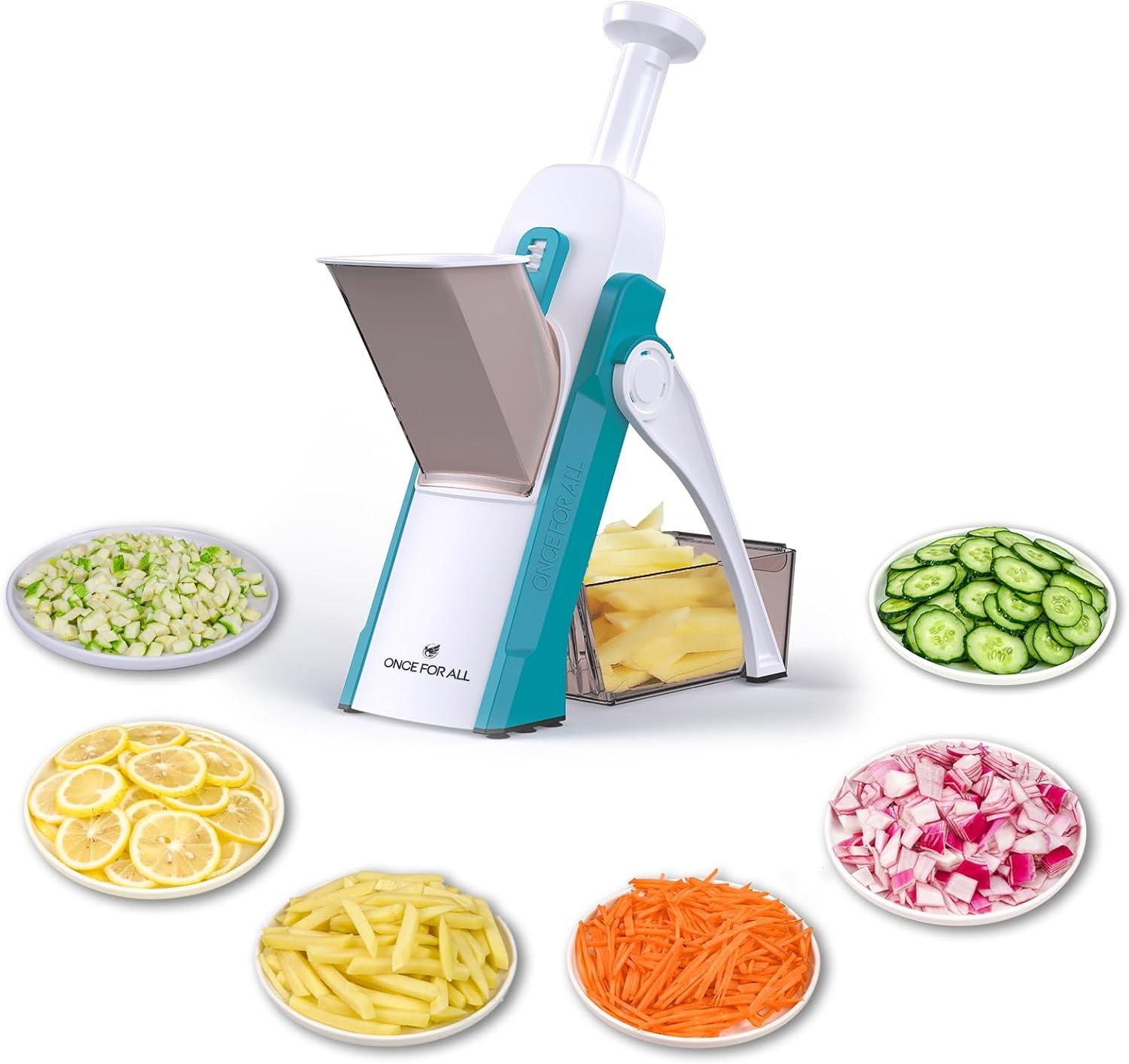 ONCE FOR ALL Safe Mandoline Slicer 5 in 1 Vegetable Cutter, Strips Julienne Dicer Adjustable Thickness 0.1-8 mm for Kitench Fast Meal Prep (Light Blue)