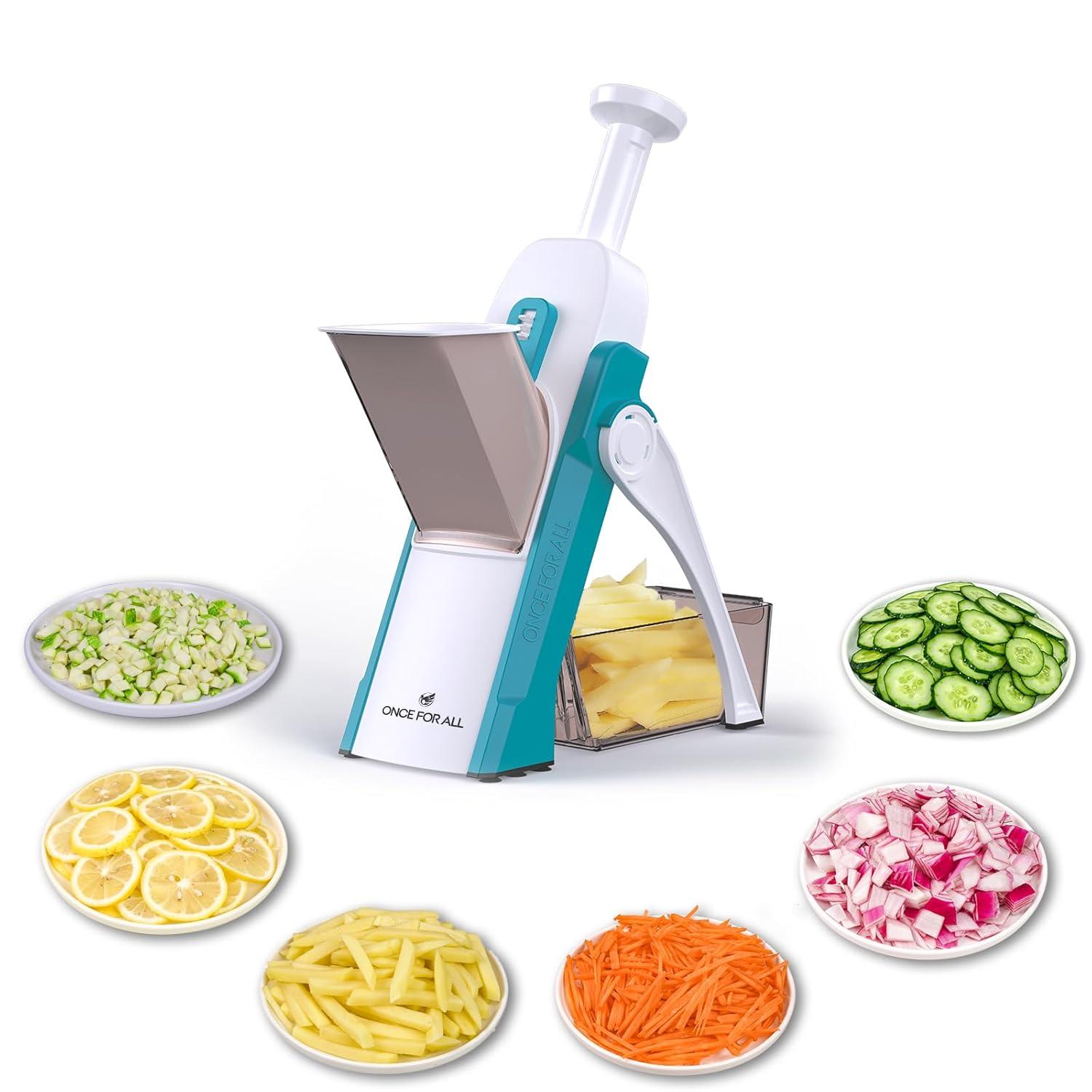 ONCE FOR ALL Safe Mandoline Slicer 5 in 1 Vegetable Cutter, Strips Julienne Dicer Adjustable Thickness 0.1-8 mm for Kitench Fast Meal Prep (Light Blue)