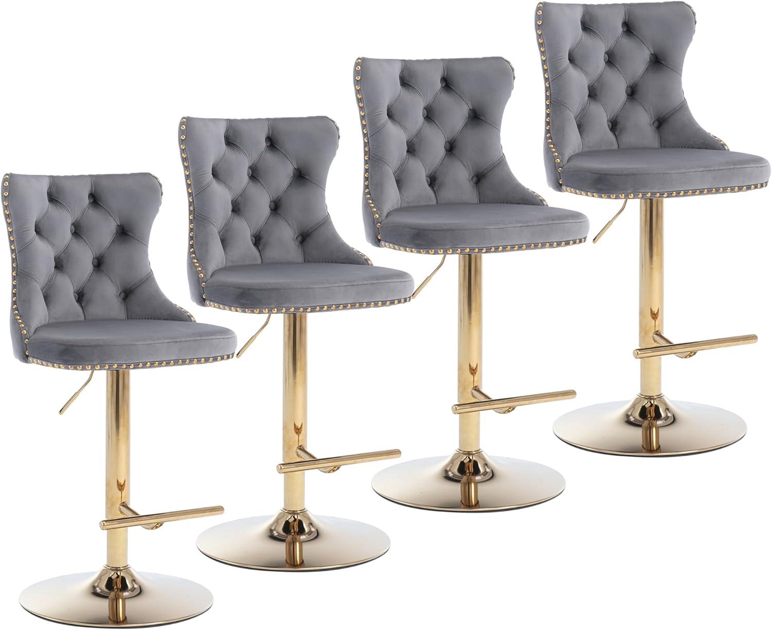 Gray Velvet Adjustable Swivel Bar Stools with Nailhead Trim