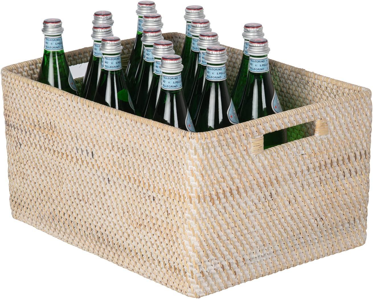 Kouboo Loma Rectangular Decorative Rattan Storage Basket With Handles, Coastal-Inspired Handwoven, Home Organization, Black Antique, Latte