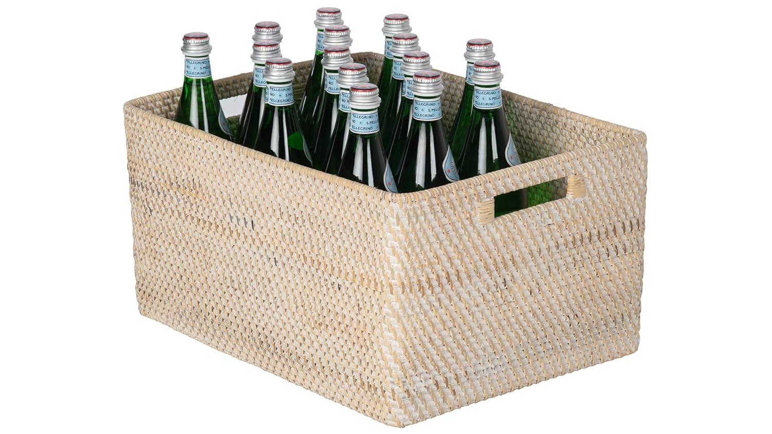 Kouboo Loma Rectangular Decorative Rattan Storage Basket With Handles, Coastal-Inspired Handwoven, Home Organization, Black Antique, Latte